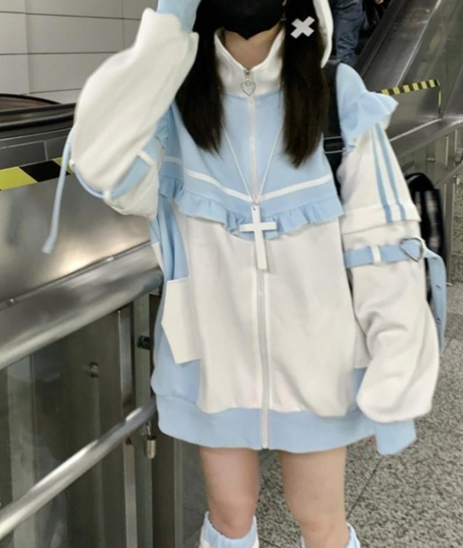 Pokn Tenshii Kawaii Hoodies Jirai Kei Fashion Cute Cat Ears Clothes Oversized Zip Up Hoodie Gothic Top: Pink Medium