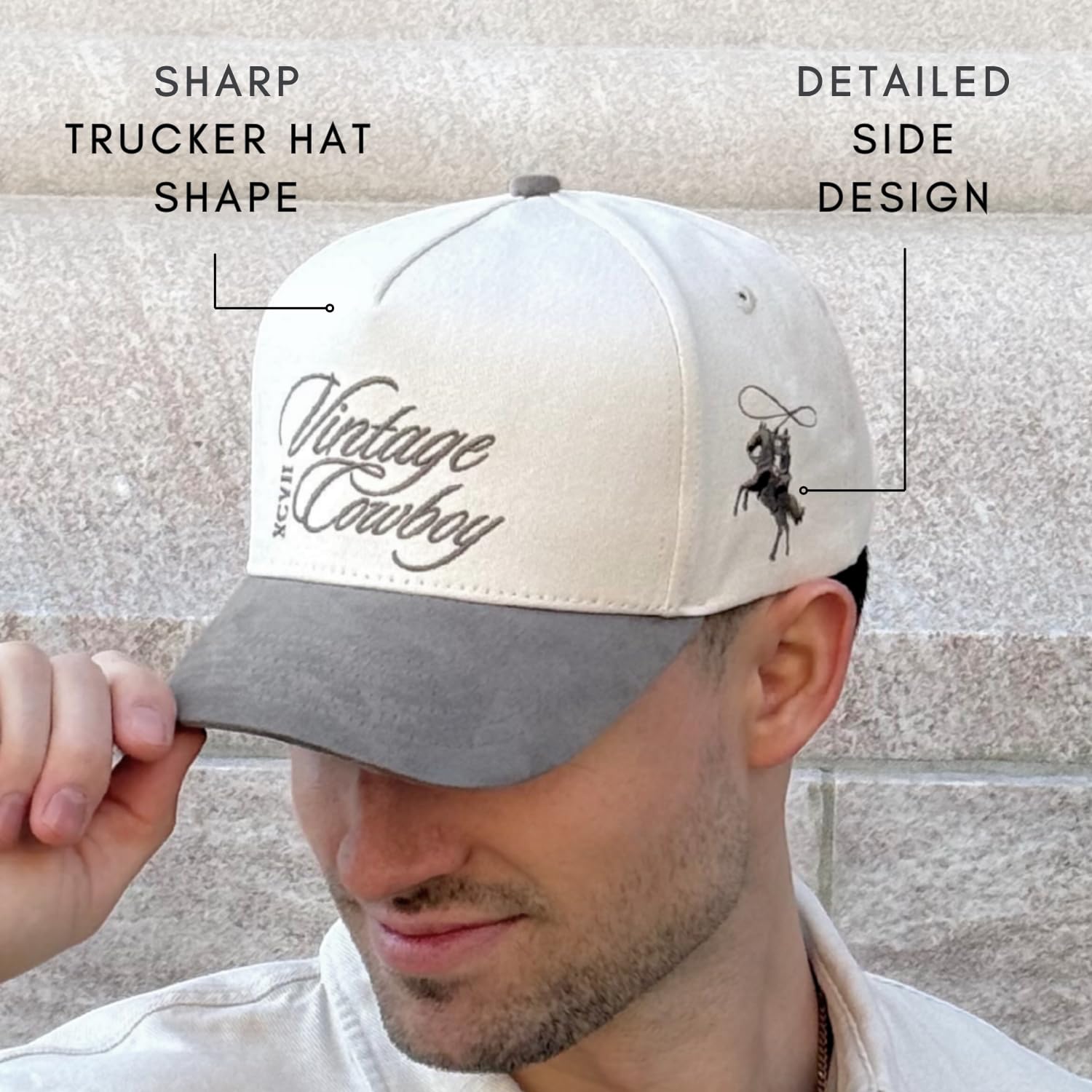 Cappello Vintage da Camionista Occidentale | Uomo e Donna | Cappellini Carini Country per Cowgirl Cowboy | Cotone Ricamato in Denim Mimetico | Snapback, Cowboy Vintage | Camoscio Fango, Taglia Unica
