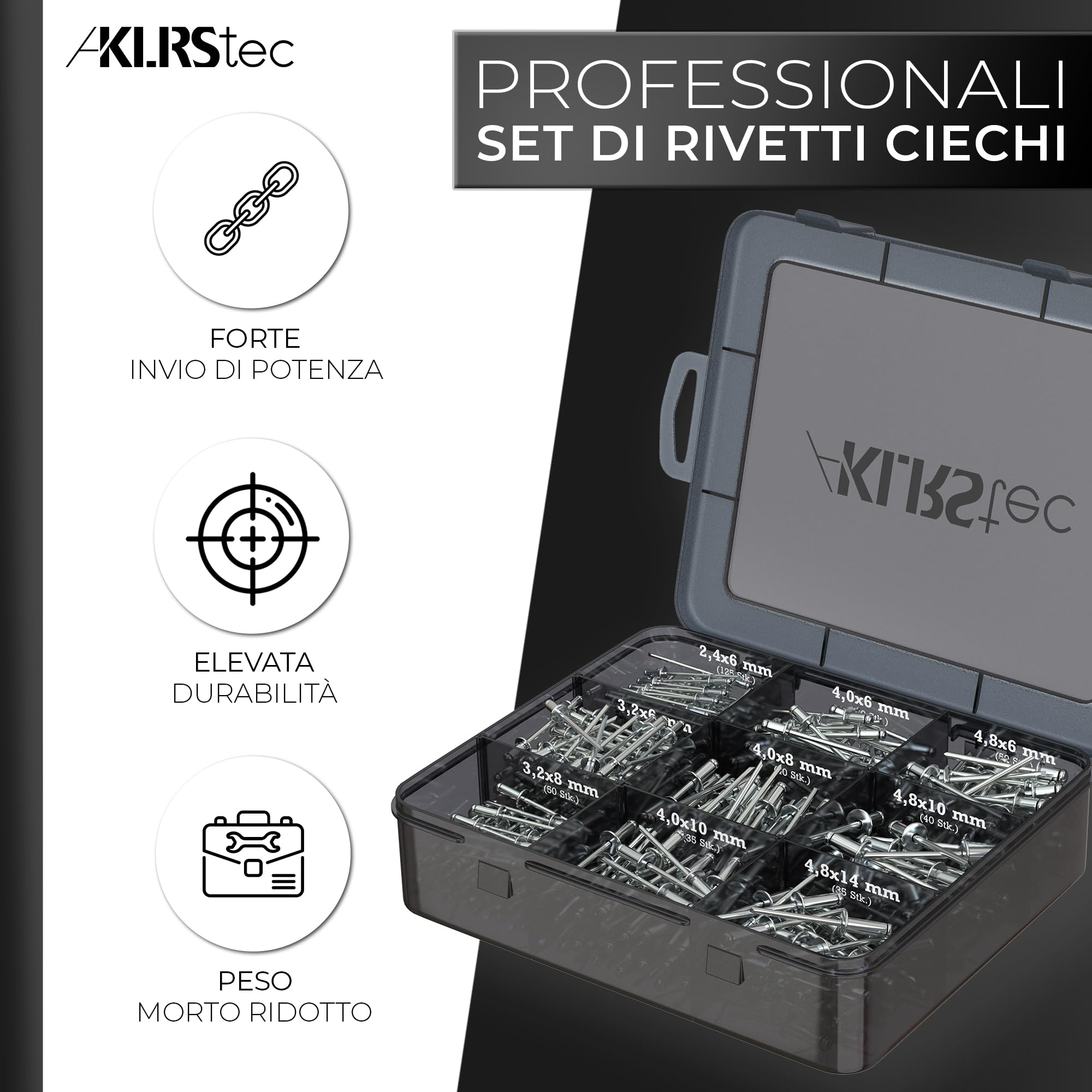 KLRStec Set Rivetti Ciechi 500pz Assortimento Alluminio Acciaio 2,4 3,2 4,0 4,8 mm
