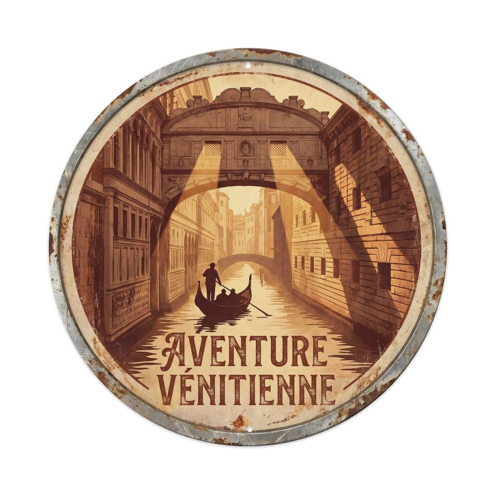 Gondola Venice City Classic Destination Heritage Scenic Metal Tin Sign Plaque Wall Decor for Cafe, Man Cave, Club Bar, Office, Home Garden Round Metal Poster 8x8Inch