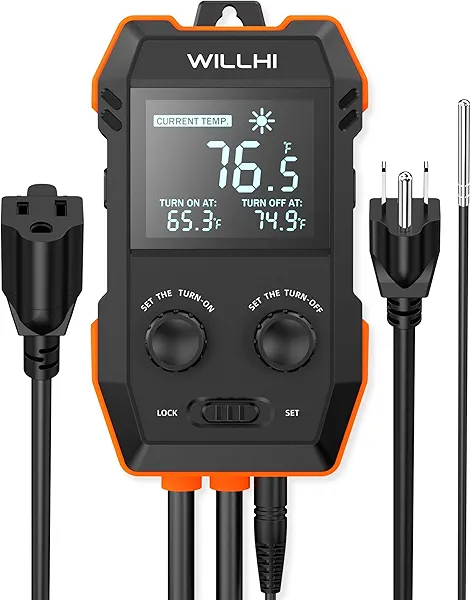 WILLHI WH2408 Temperature Controller 10A 1200W, Digital Thermostat Controlled Outlet Plug Switch for Reptile Terrarium Greenhouse Homebrew Aquarium Seedling Mat, Heating or Cooling Mode Thermometer