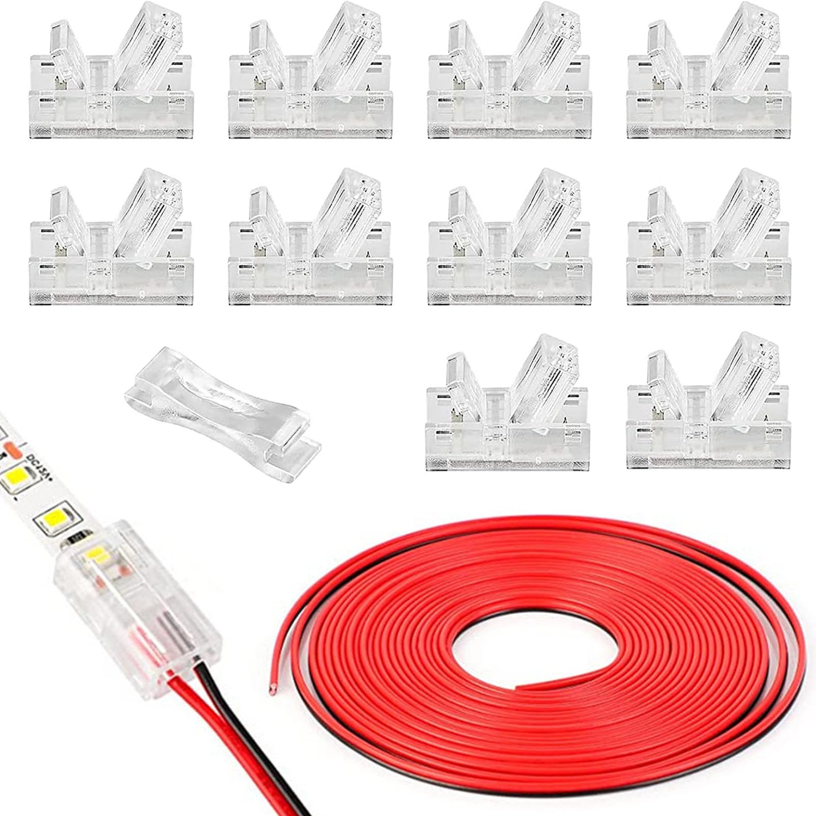 Aimfact 10 Pack 2 Pin 8mm COB LED Strip Connectors Soldless with 16.4ft Extension Cable Unwired Clips Strip Light Connectors Kit Gapless Solderless Wire Quick Connection Adapter for Multicolour Light