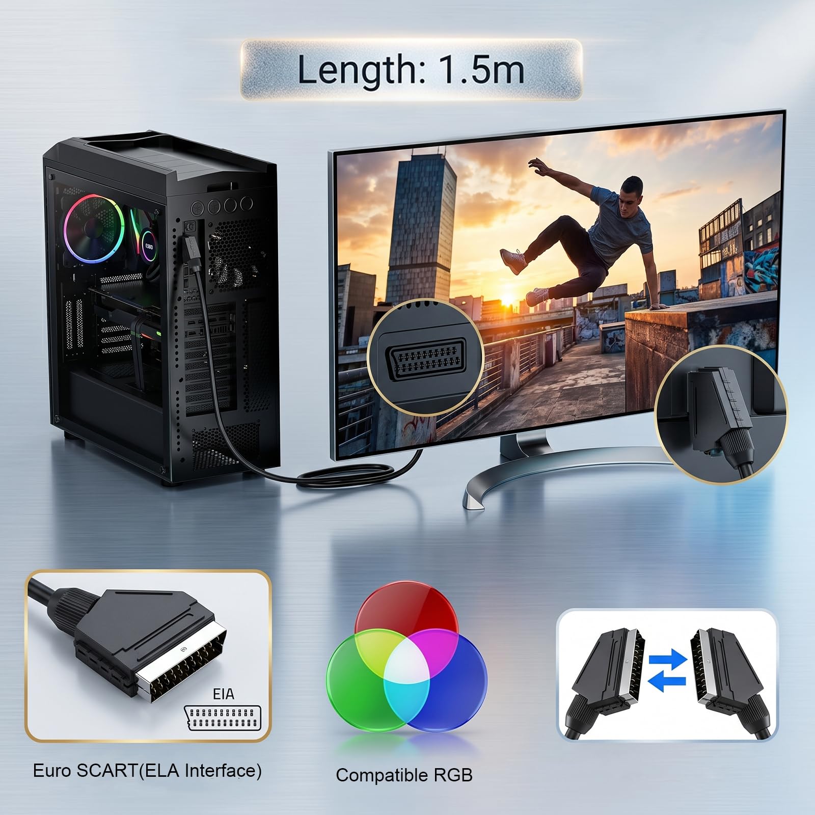 HENGBIRD Câble Péritel 2 Pièces 1,5 m, 21 Broches Mâle vers Mâle, Câble Audio Vidéo pour Téléviseur, Lecteur DVD, Récepteur et Magnétoscope