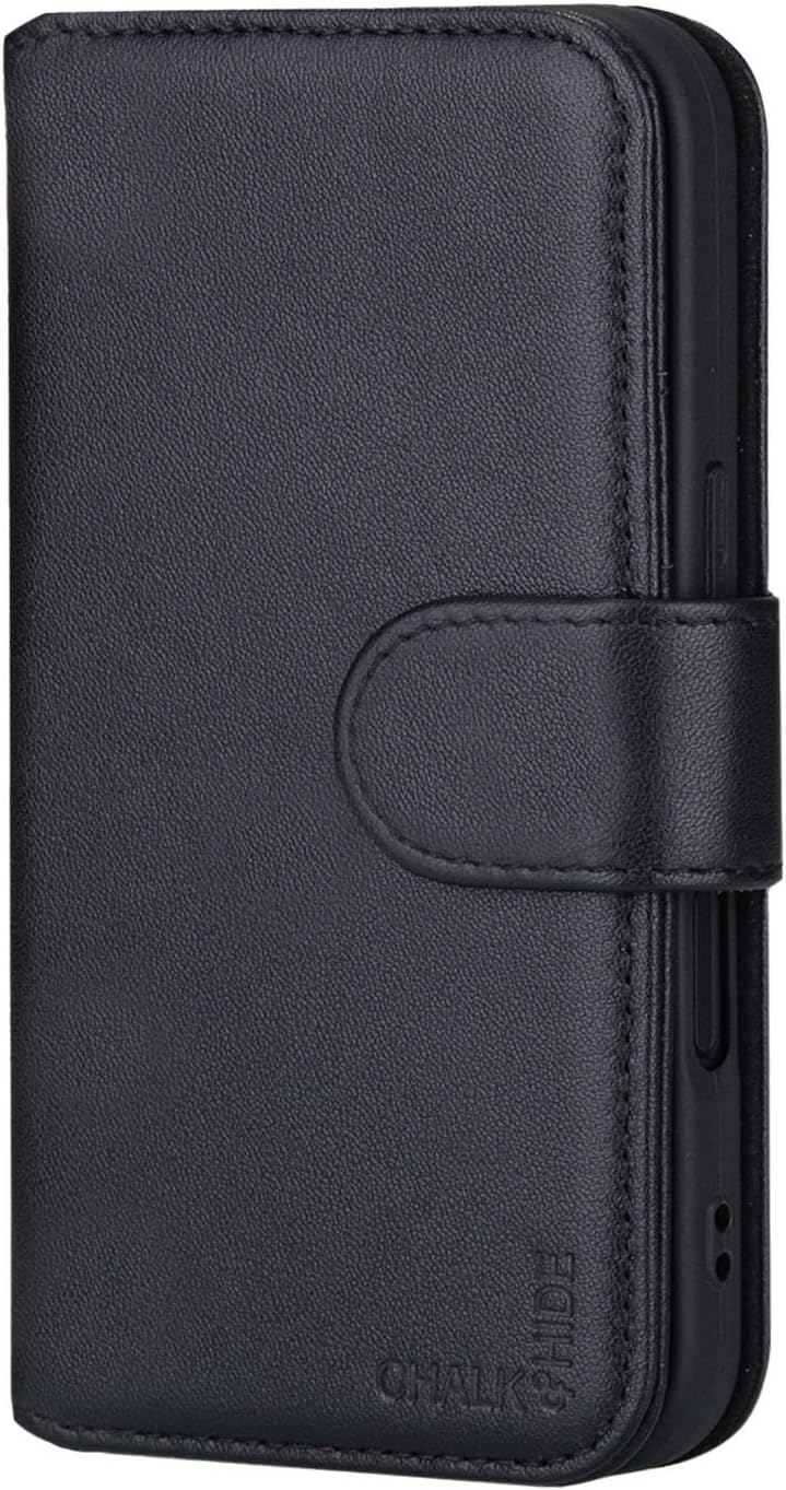 CHALK & HIDE - Real Leather Book Wallet Flip Case Cover for iPhone 16 Pro (6.3"), with RFID Blocking Card Slot, Magnetic Closure and Built in Stand - Black
