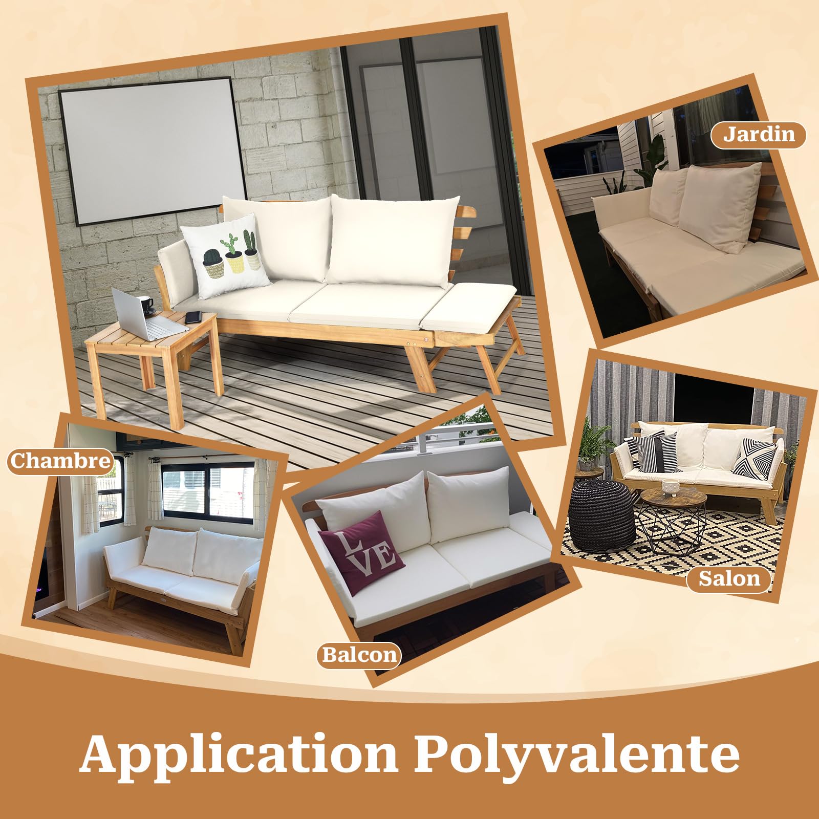 SOARS Canapé Convertible 3 en 1 en Bois d’Acacia avec Coussins Épais