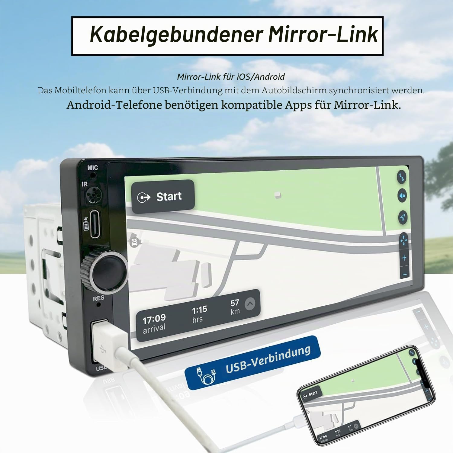 Stereo 1 DIN mit Bildschirm, 6,86 Zoll Touchscreen Autoradio Carplay 1 Din, Radio Auto Car Play unterstützt Mirror Link mit Rückfahrkamera, Unterstützung Typ-C Lade/USB/Mic/EQ/SWC