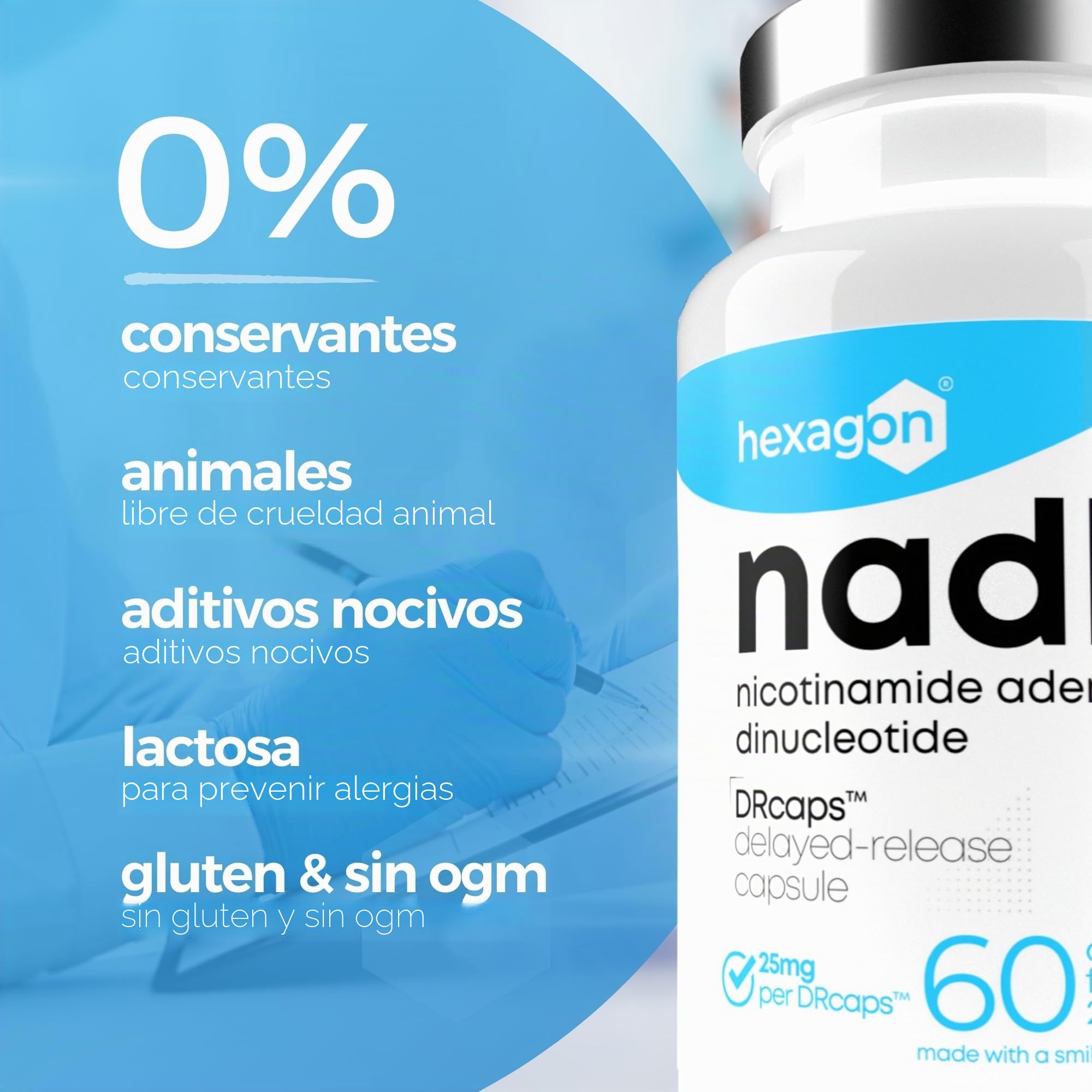 NADH 25mg - +2 Meses de Cura - Liberación Retardada Con DRcaps™ - Energía Celular y Metabolismo - Mejor Biodisponibilidad - Fabricado en Francia - 60 Cápsulas Vegetales - Vegano - Hexagon