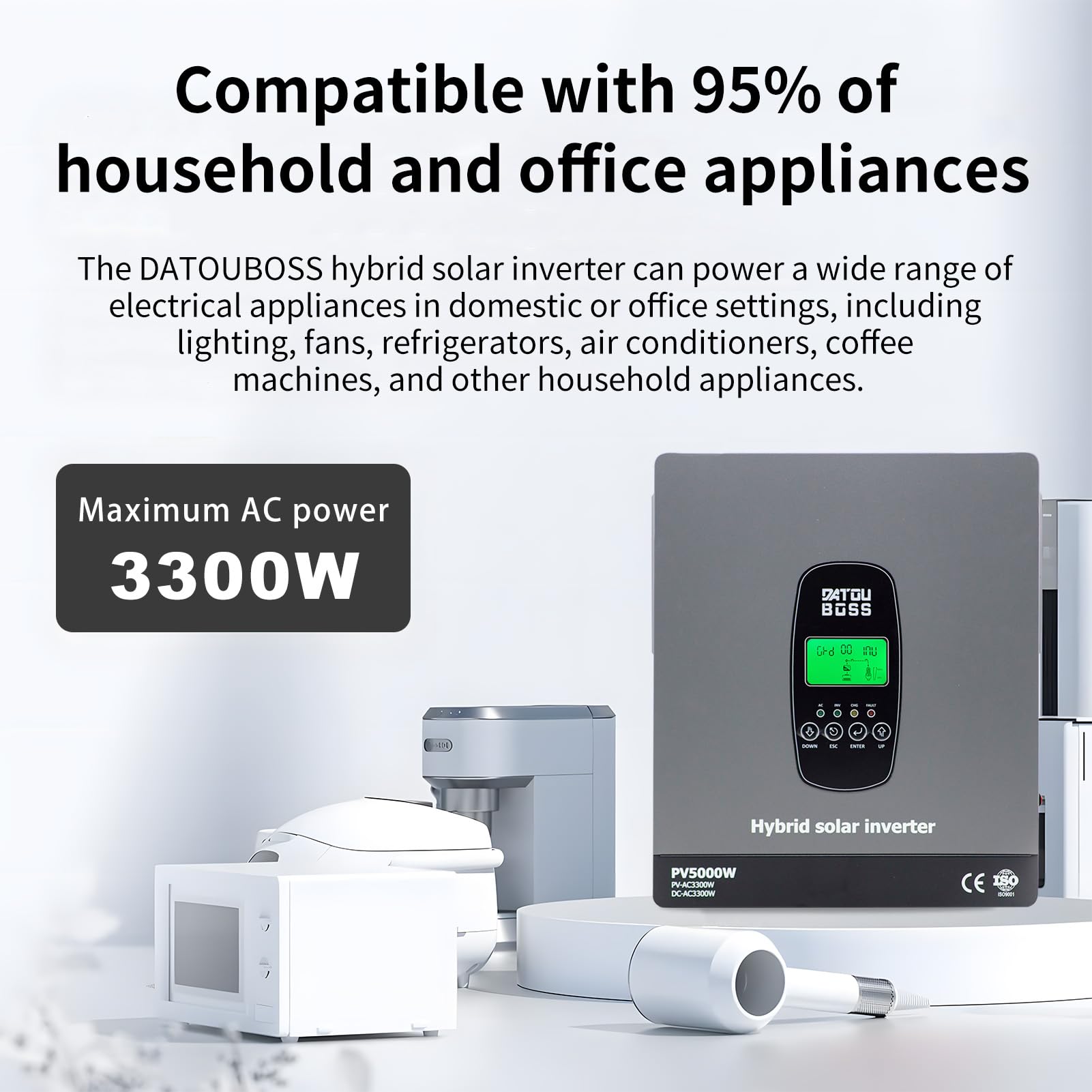 DATOUBOSS 3300W 24V Hybrid Wechselrichter Reiner Sinus, 120A MPPT 5000W PV, 24V auf 230V, Off-Grid Solar Inverter, BMS kompatibel, für Blei- & Lithium-Batterien
