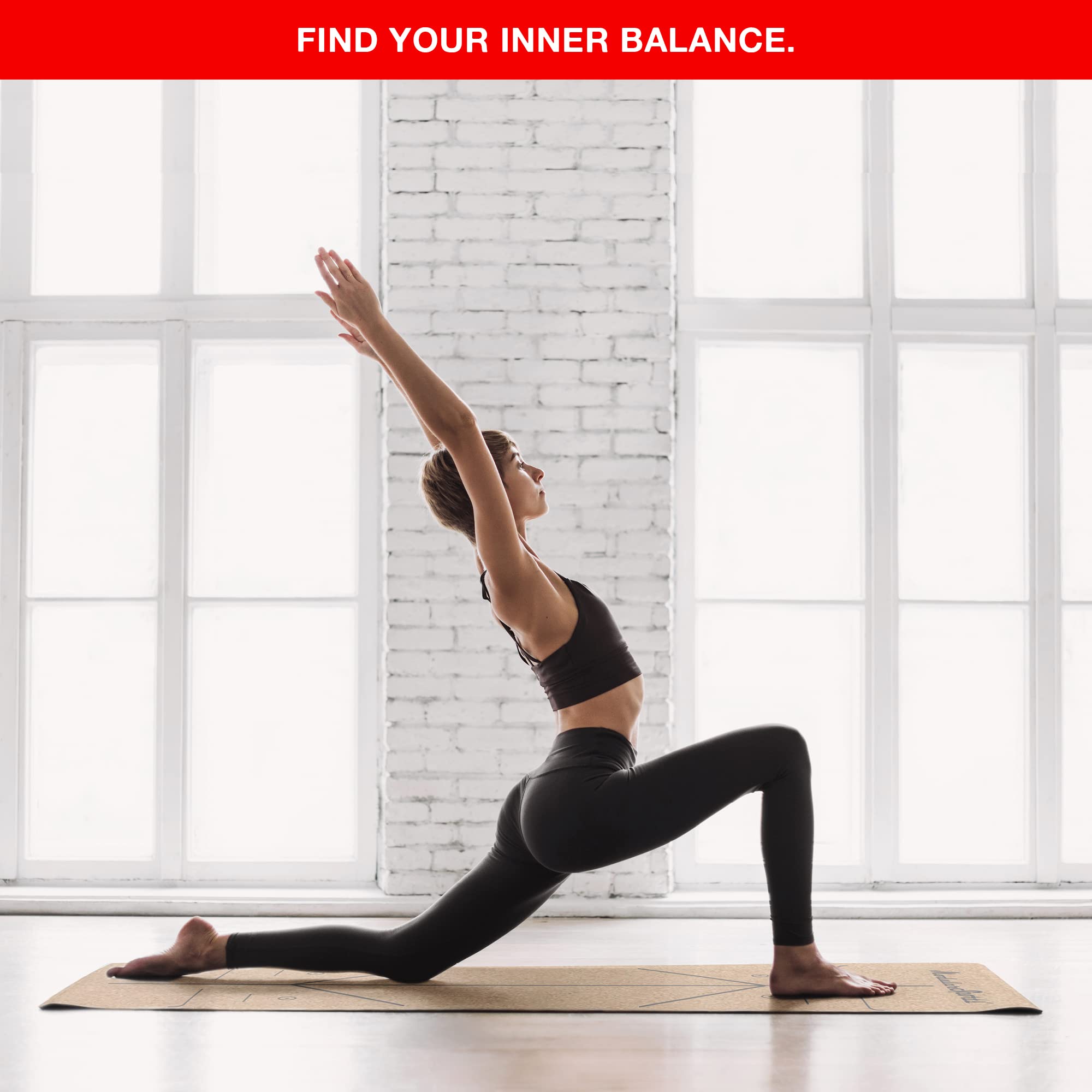 ModularSports esterilla de yoga de corcho con líneas de alineación / esterilla de yoga de corcho de caucho natural 180 x 60 cm / esterilla de yoga sostenible de corcho de 8 mm de grosor