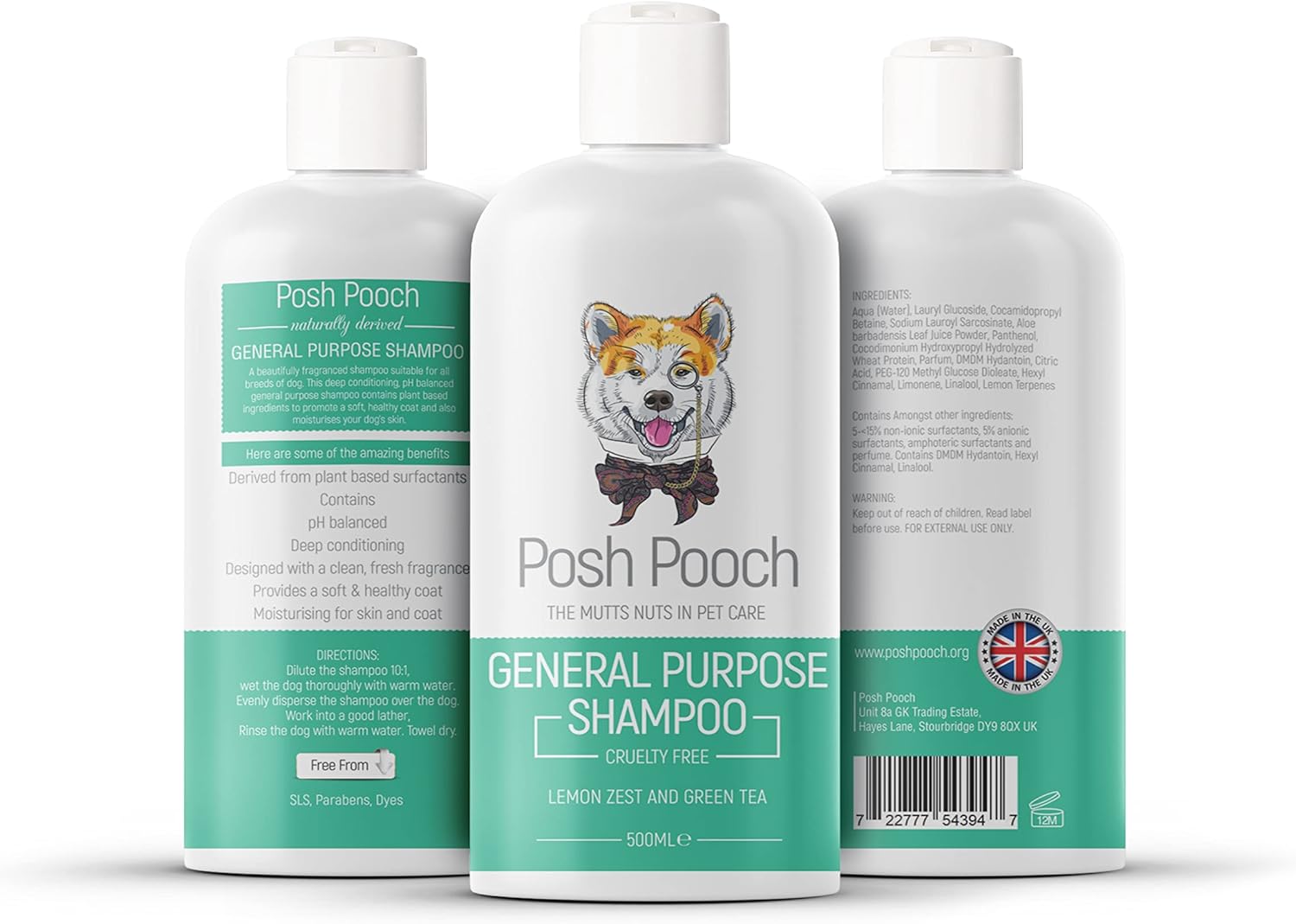 Green Tea & Lemon Zest Dog & Puppy Natural Plant Based Shampoo Posh Pooch® Moisturising Plant Based Vitamin Rich Fragranced Pet Shampoo, Aloe Vera Exfoliating Infused Alcohol Free Cruelty Free Wash