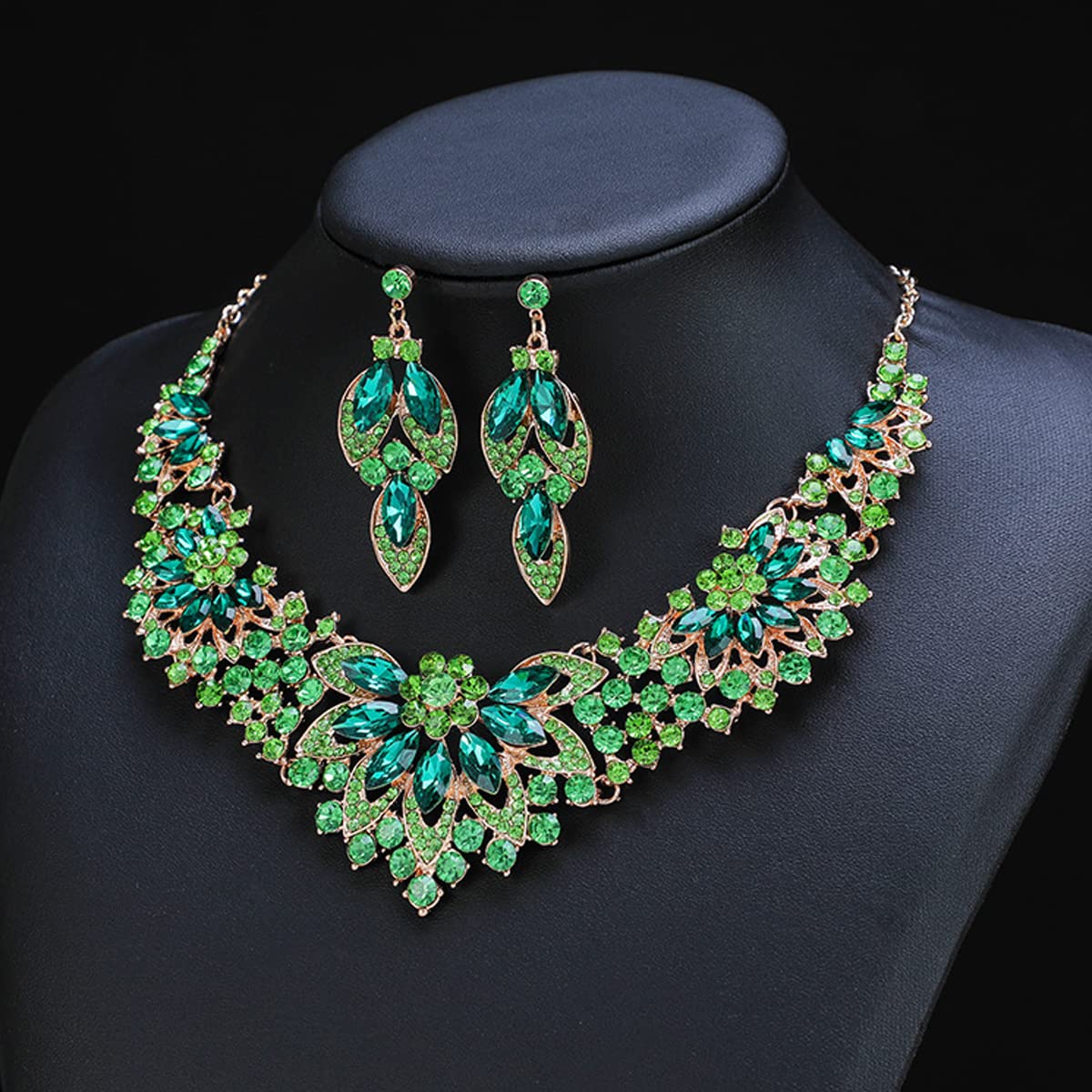 Parure Bijoux Femme, Cristal Bijoux Mariage, Cristal Fleur Ensemble Collier Boucle d'oreilles, Strass Cristal Feuille Parures de Mariée pour Femmes Filles, Vert/Blanc/Violet/Rouge/Or Champagne