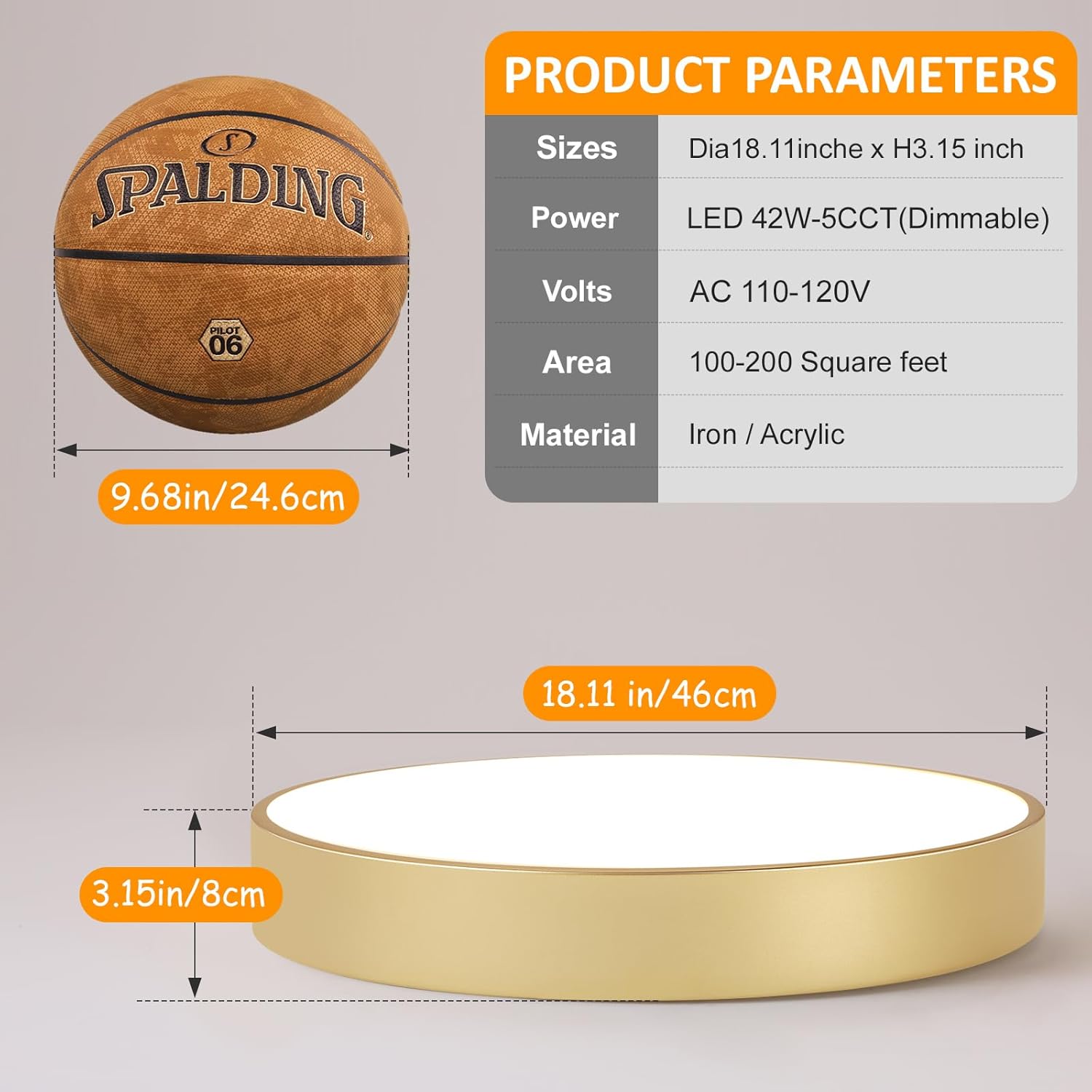 18.1 inch Large Flush Mount Dimmable LED Ceiling Light, 5CCT Modern Round Close to Ceiling Lighting Fixtures, Minimalist Gold Ceiling Lamp for Bedroom, Living Room