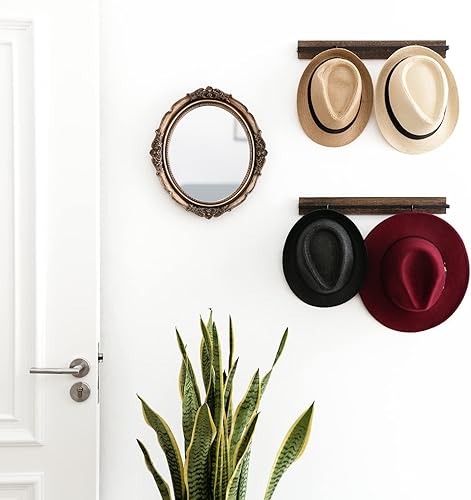 Miniatura 6 de Mkono Paquete de 3, 2 estantes para sombreros para pared, organizadores de gorras de béisbol de madera con 20 ganchos y colgador de corbata de