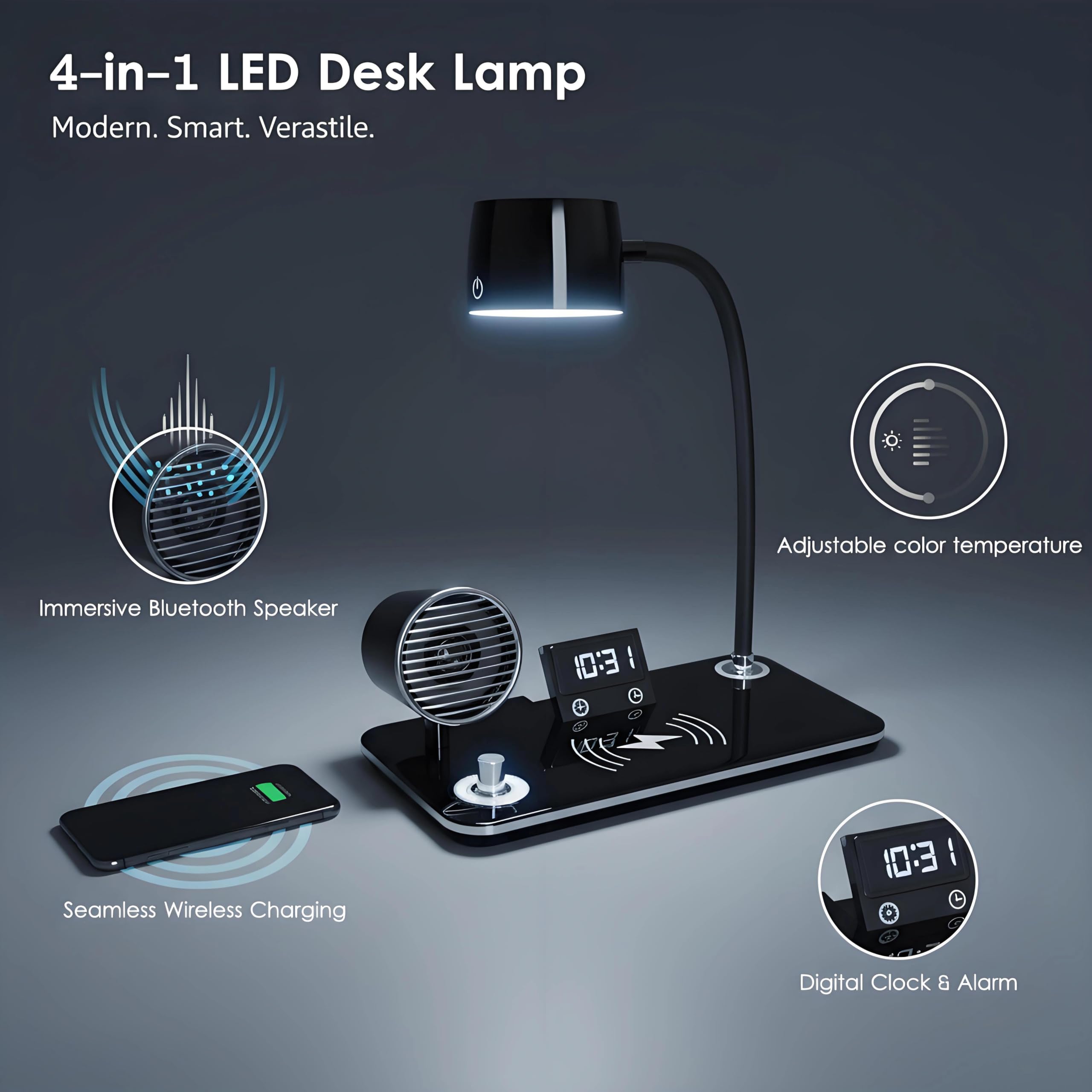 Lampada da Scrivania LED con Ricarica Wireless 15W, 500 LUX | Lampada da Tavolo Ufficio, Cassa Bluetooth e Sveglia, Braccio Flessibile, USB per Studio, Lettura, lavoro, Nero