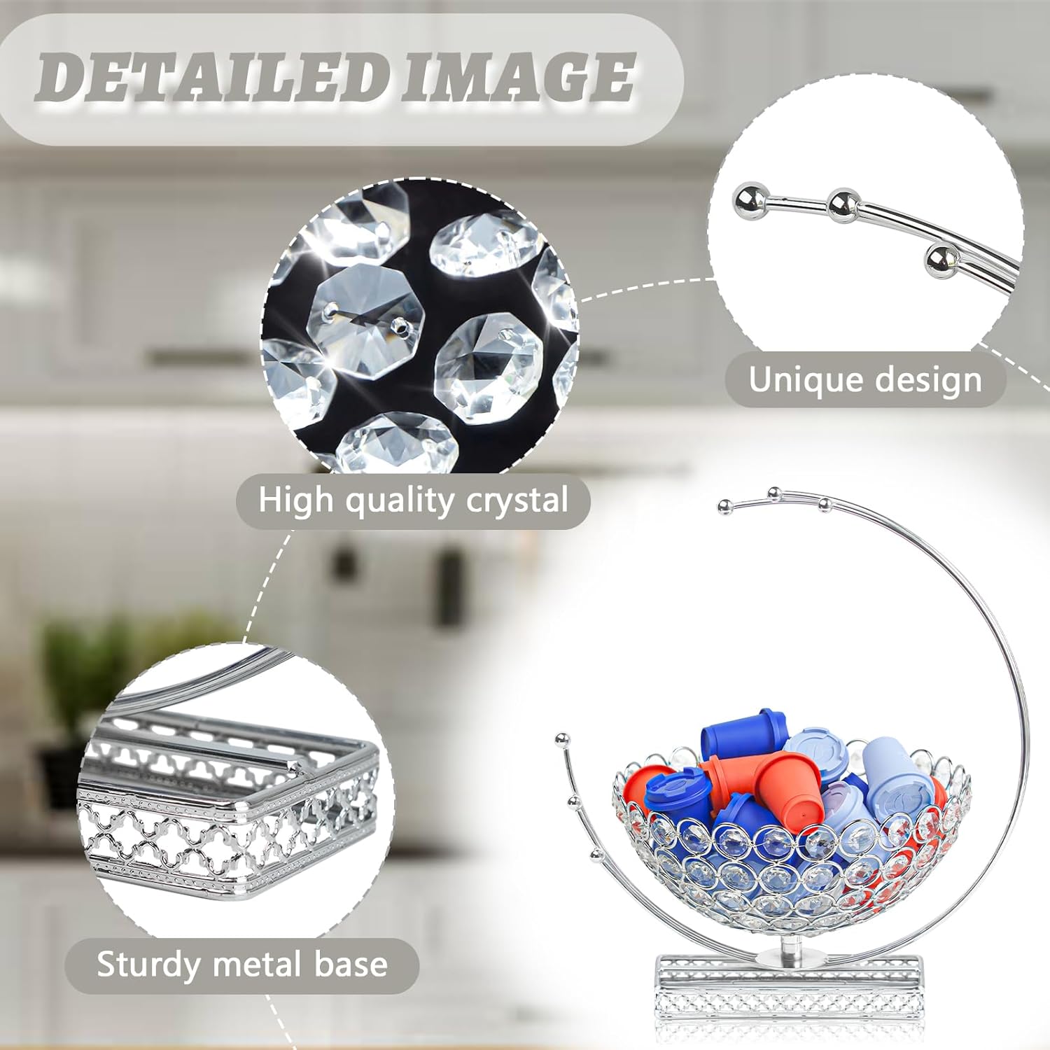 Metal & Crystal Coffee Pod Holder & Candy Basket - Elegant Multipurpose Storage Organizer for K Cups, Espresso Pods, Treats - Kitchen, Office, Home Bar (Silver, 1 PC)