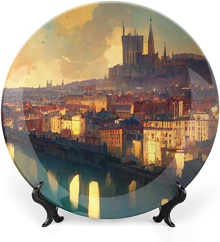 Platos decorativos, pintura de paisaje urbano de Lyon, plato de cerámica para el hogar, plato tambaleante con soporte de exhibición, decoración para