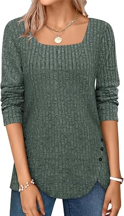BZB Women's Sweaters Fall 2024 Lightweight Long Sleeve Square Neck Tunic Tops