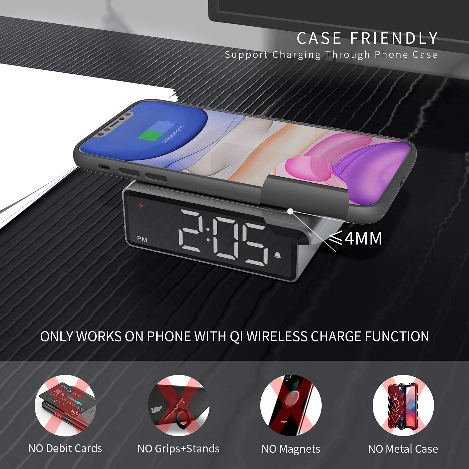 Pequeño Reloj de Alarma de Metal con Carga inalámbrica Qi - Clear Digital DIRIGIÓ Pantalla con 4 Brillo 12/44H Snooze for la Oficina de Noche de Dormitorio, Compatible con (Plata)