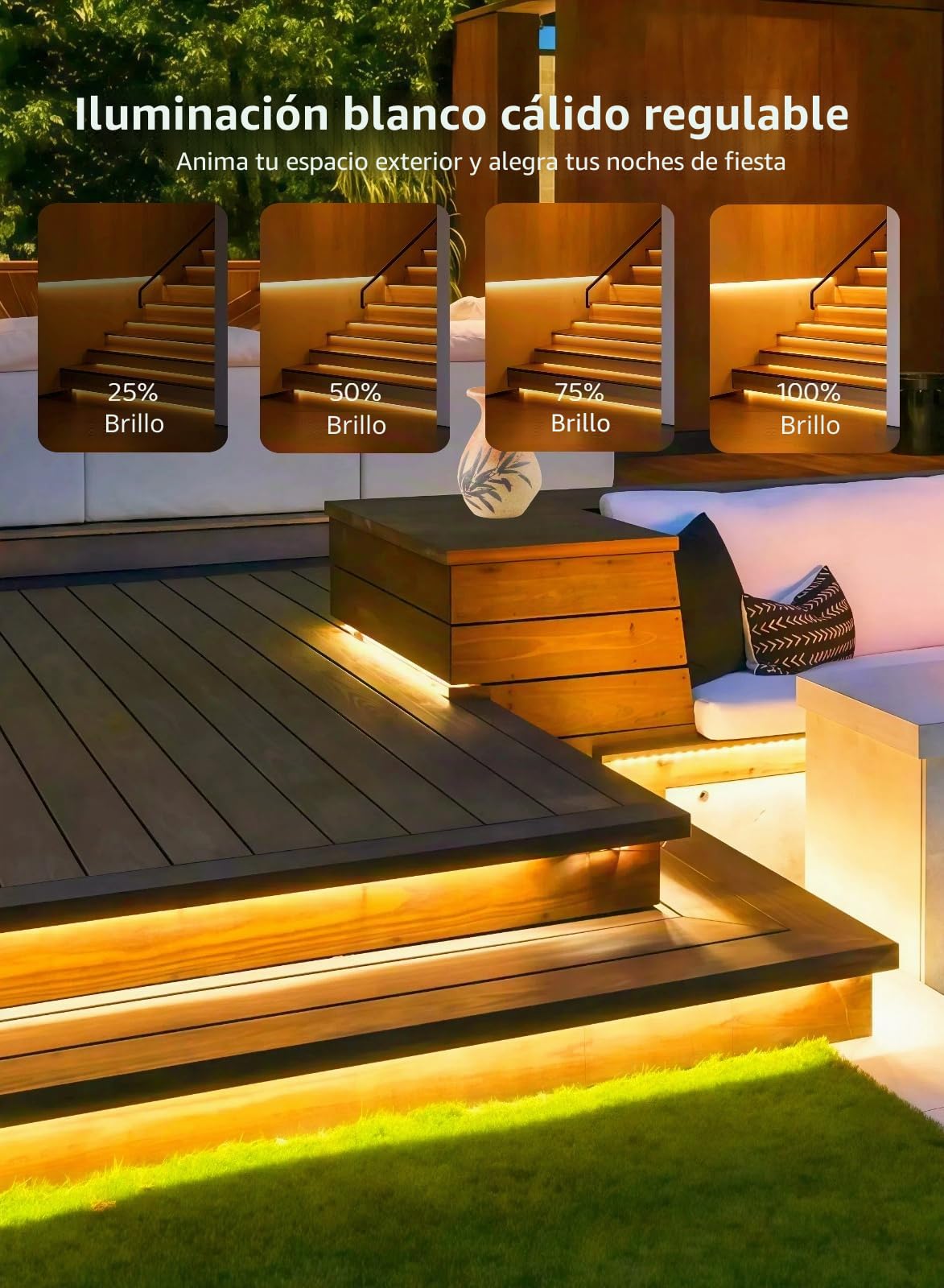Gaoxun Tira de luces LED solares de 32.8 pies para exteriores, 640 LED, luz blanca cálida flexible con control remoto, regulable, 8 modos, cuerda de luces impermeables IP68, autoadhesivas, para jardín