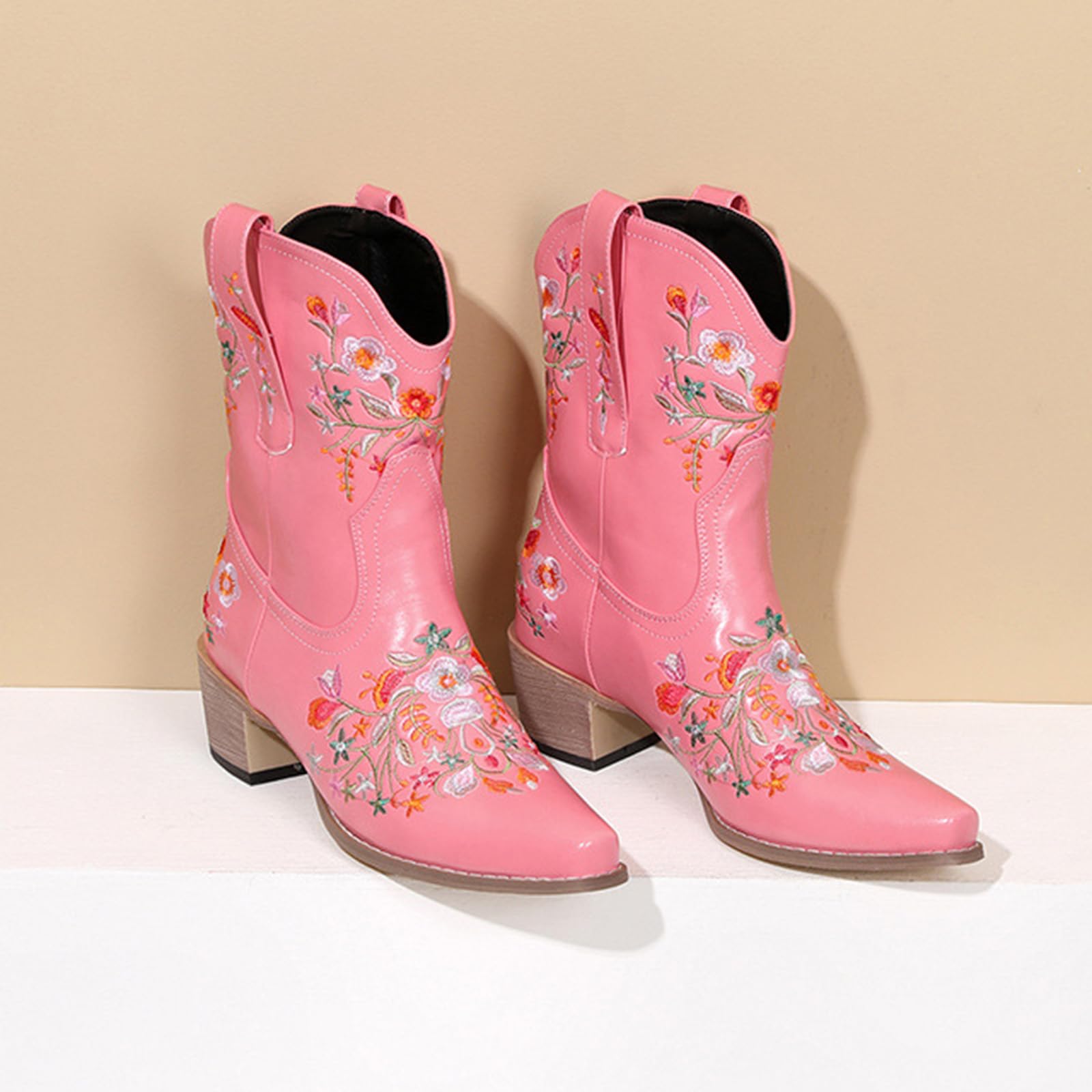 Botines de vaquero para mujer, de piel, diseño floral, bordados, botas de media caña para mujer, botas medianas, botines vintage