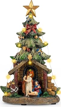 Candieslife Musical Christmas Tree Nativity Scene with Figurines LED Light, Christmas Holy Family Nativity Scene for Xmas Decor Gift, Tabletop Decorative Home Christmas Ornaments