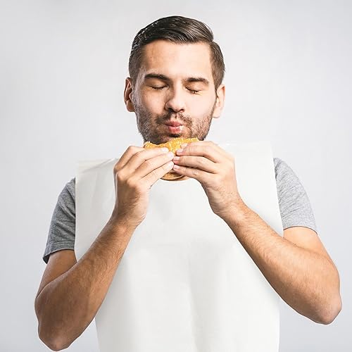 Miniatura 2 de Baberos desechables para adultos, paquete de 100 unidades, color blanco, 15.5 x 23.6 pulgadas, mezcla de papel absorbente y plástico para protección