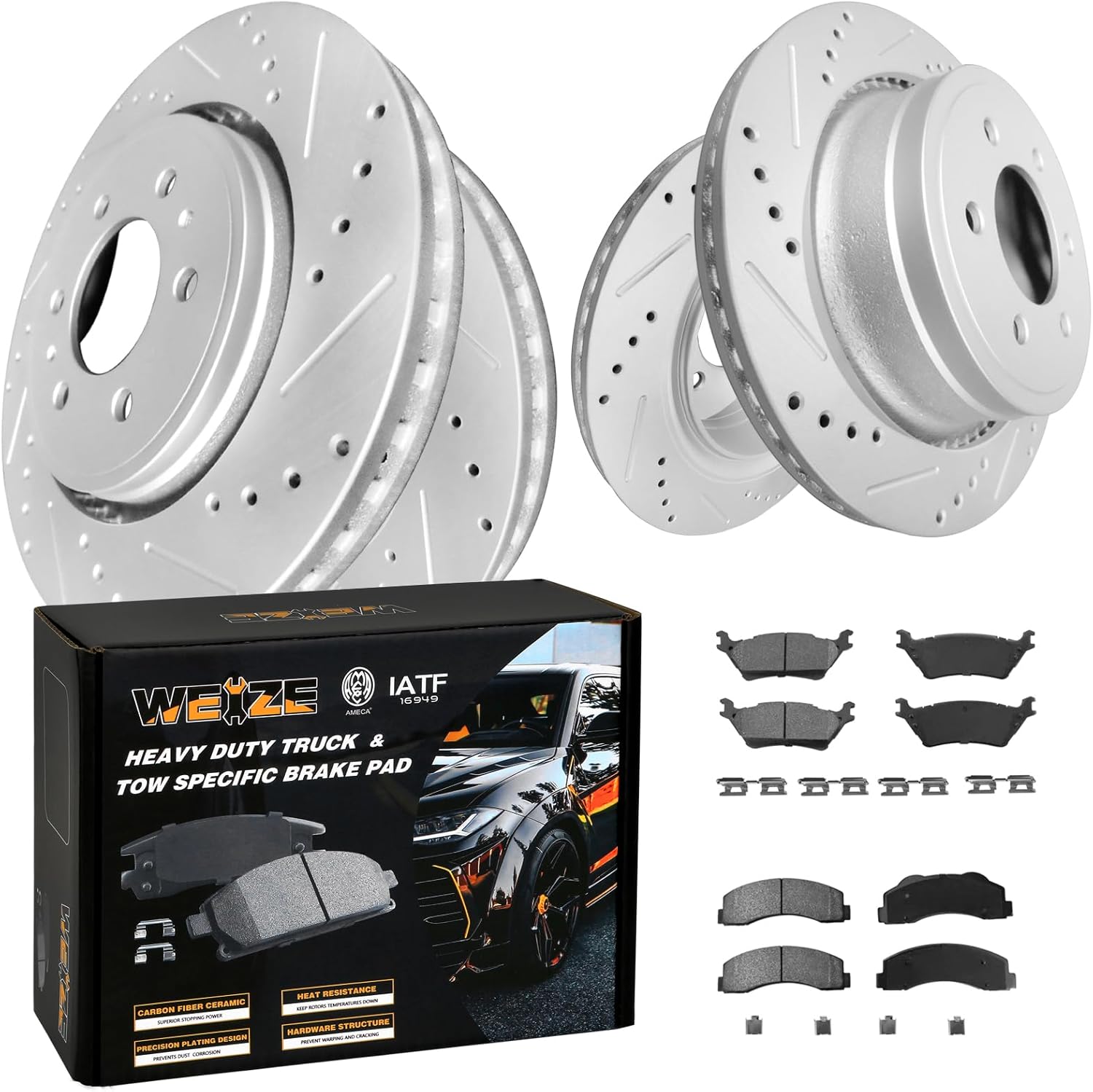 WEIZE Front Rear Truck & Tow Brake Kit, Fit for Ford F-150 2012-2014, 2015-2020 of MANUAL Parking Brake (Not Electric), Carbon Fiber Ceramic Brake Pads & Drilled/Slotted Brake Rotors Package