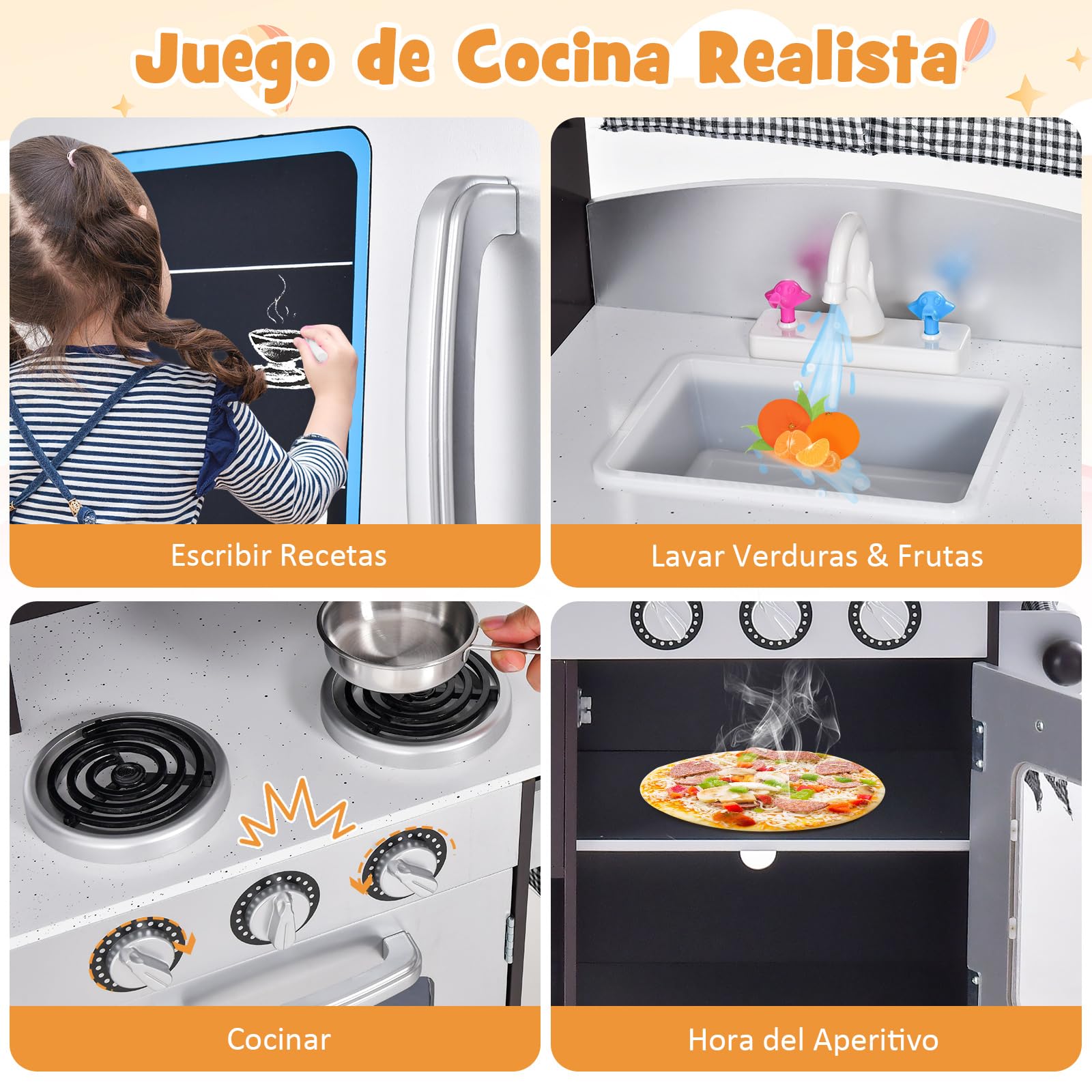 COSTWAY Cocina de Juguete de Madera con Accesorios, Juego de Cocina con Refrigerador, Microondas, Horno,Pizarra, Estufa,Grifo y Fregadero de Juguete, Cocina Infantil para Niños y Niñas de 3+ Años