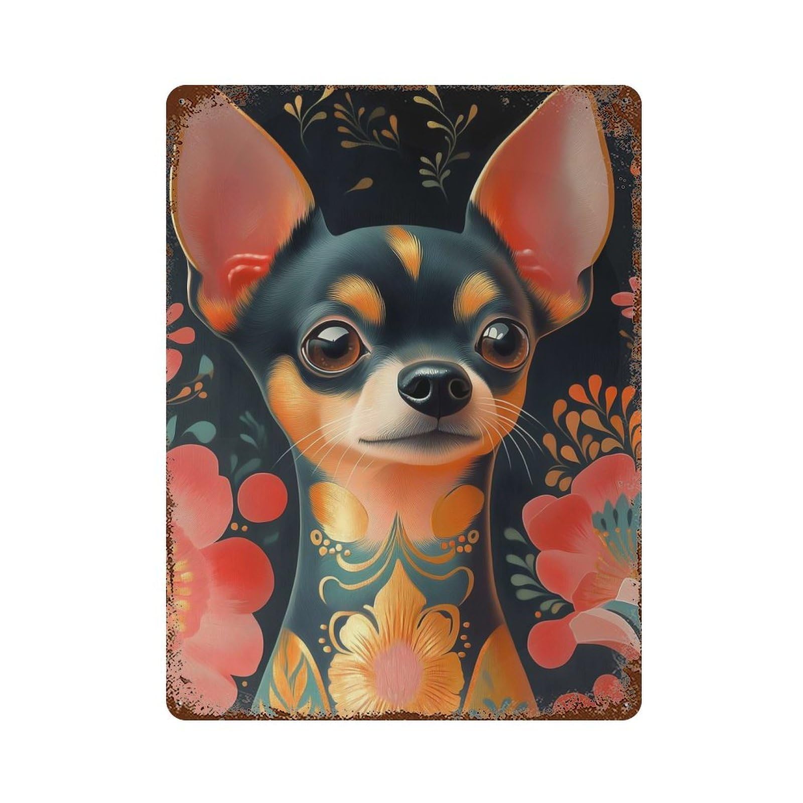 Vintage Rust Metal Sign with Chihuahua with Floral Tattoo Animal Design 15.7"x11.8", for Shed, Workshop And Garage Wall Decor, Retro Wall Decor