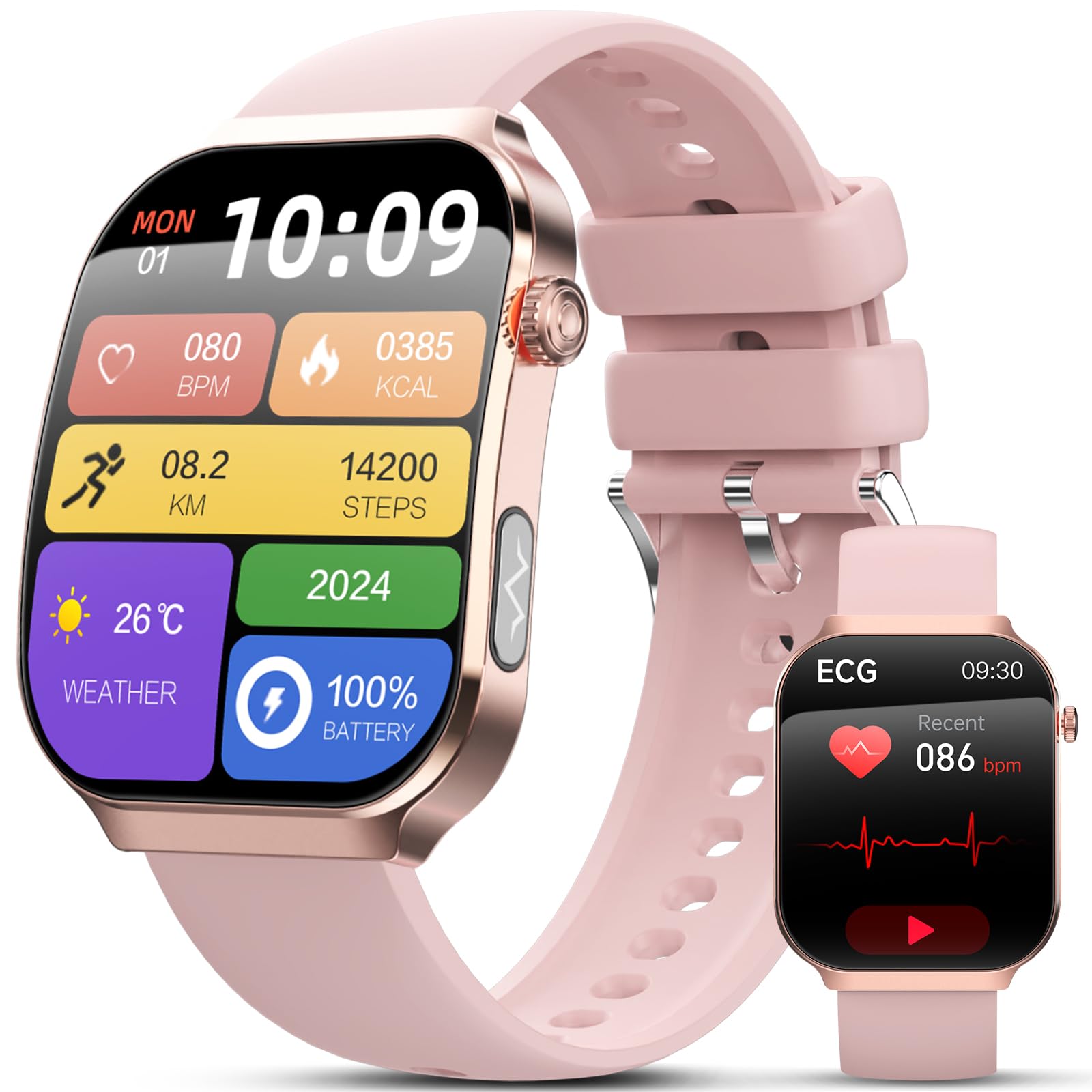 2026 ECG+HRV Reloj Inteligente Mujer con BMI/Tension Arterial/Microchequeo, 2.2'' Pantalla Curva 3D Ultragrande Smartwatch con 24H Pulsómetro, Temperatura Corporal, Sueño, iOS Android