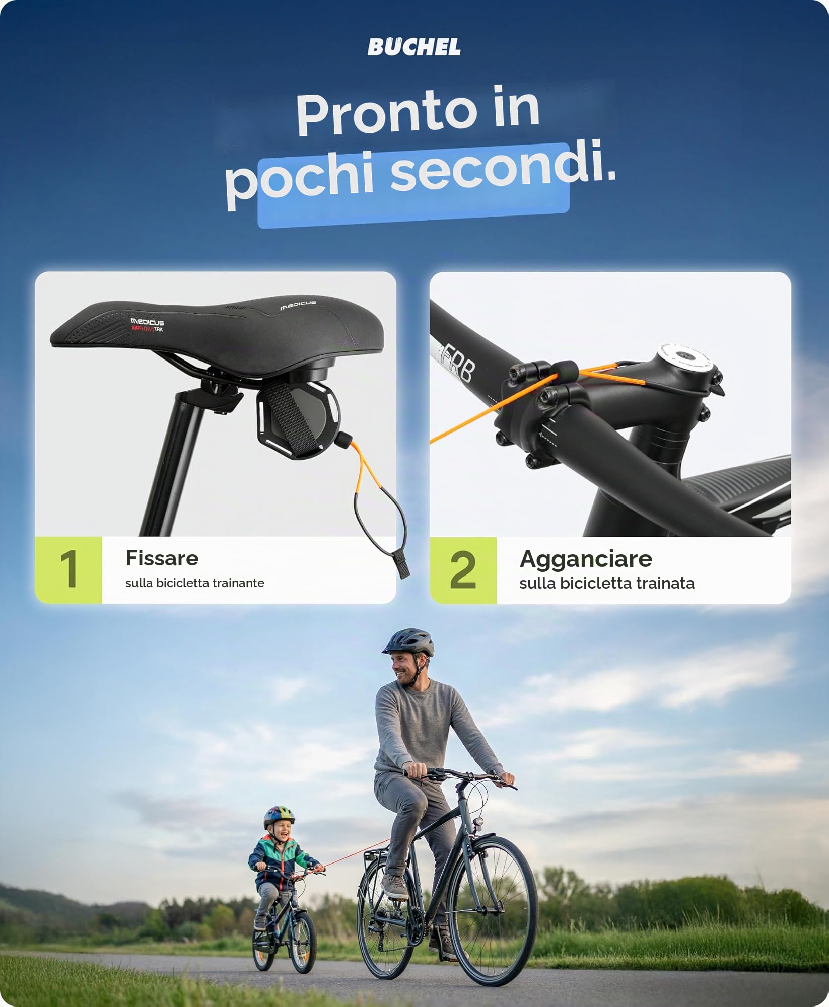 Büchel Corda di traino per bicicletta fino a 120 kg – 2,20 m corda di traino per bambini, con linguetta di estrazione e protezione all'abrasione – Robusto moschettone e 3 montabile, per biciclette per