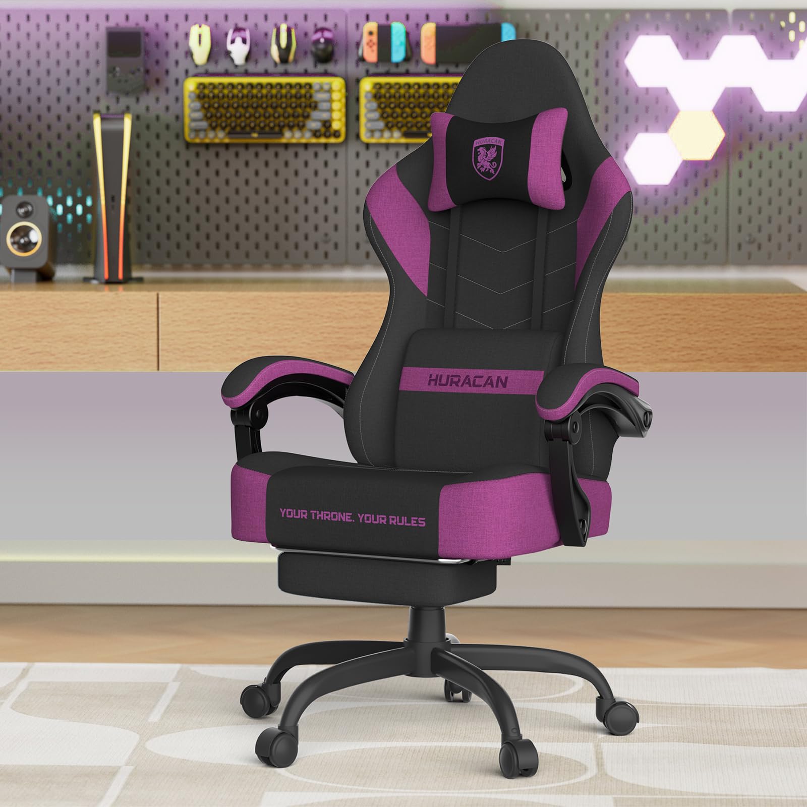 Huracan Chaise Gaming Ergonomique avec Fonction Massage, Appui-Tête et Repose-Pieds, Fauteuil Gamer en Tissu Technique Respirant, Dossier Inclinable 90°-135°, Siege Gaming Réglable en Hauteur