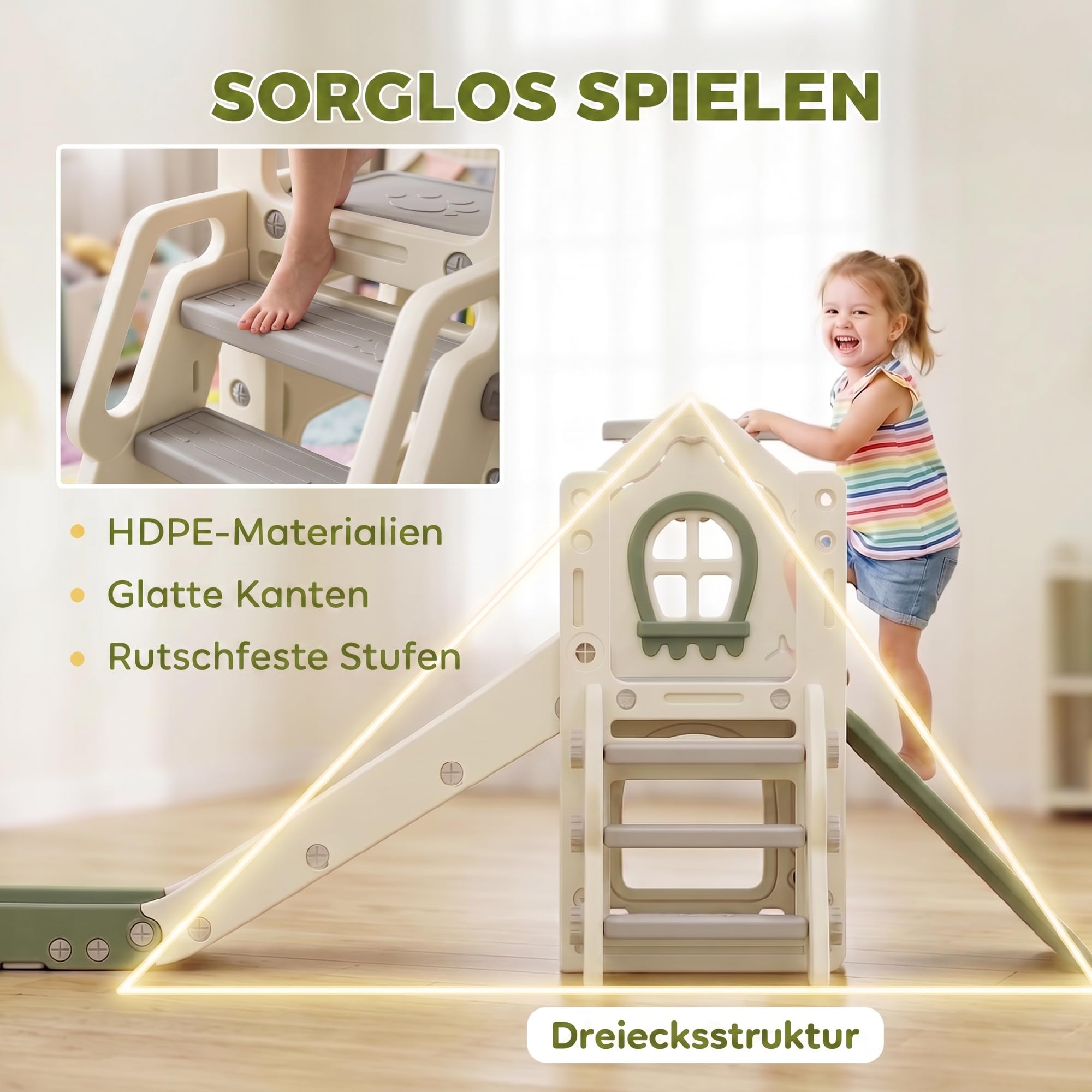 AIYAPLAY Tobogán plegable 4 en 1 para niños con elemento de escalada, canasta de baloncesto, espacio de almacenamiento y baloncesto, parque infantil para niños de 1 a 3 años, color blanco crema