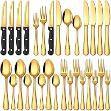EUIRIO 24 Piece Gold Silverware Set with Steak Knives Food Grade Stainless Steel Flatware Set for 4 Cutlery Utensil Set Mirror Polished Dishwasher Safe for Home Restaurant