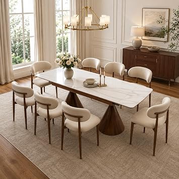 55"-78.7" Extendable Dining Table, Rectangular Faux Marble Dining Table with Leaf Seats 4-8, Easy-Clean Sintered Stone Tabletop with Metal Pedestal Base for Dining Room Gathering Only Table