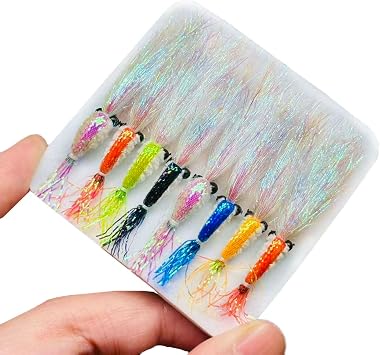8Pc Bionics Crystal Flash Silk Shrimp Artificial Lures Fly Fishing Flies Saltwater Freshwater Bait Fishing for Bass Trout Salmon Hook Size #6