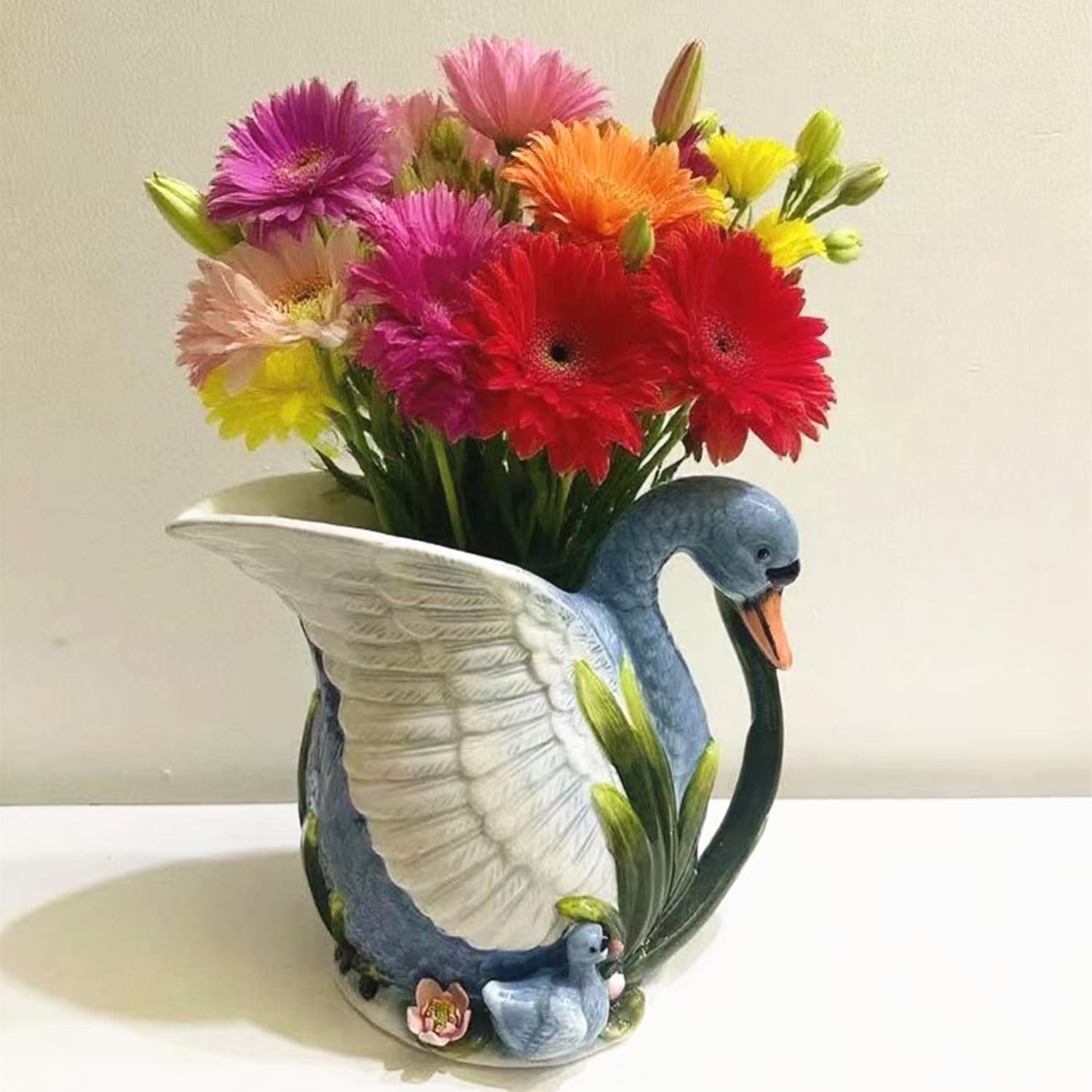 Ceramic Water Pitcher Flower Vase, Hand-Painted Swan Design Home Decor Bouquet Holde (Blue)