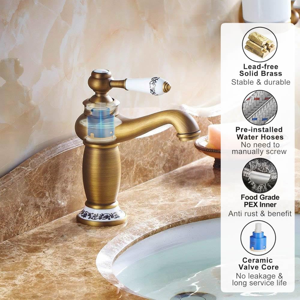 Beelee - Rubinetto monocomando monocomando monoforo in ottone anticato per lavabo