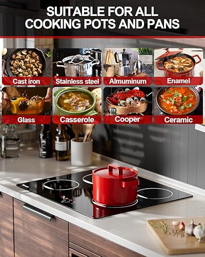 Miniatura 5 de Estufa eléctrica de 24 pulgadas, 4 quemadores, placa de cerámica con goteo, estufa eléctrica radiante de 6000 W con control táctil, bloqueo de