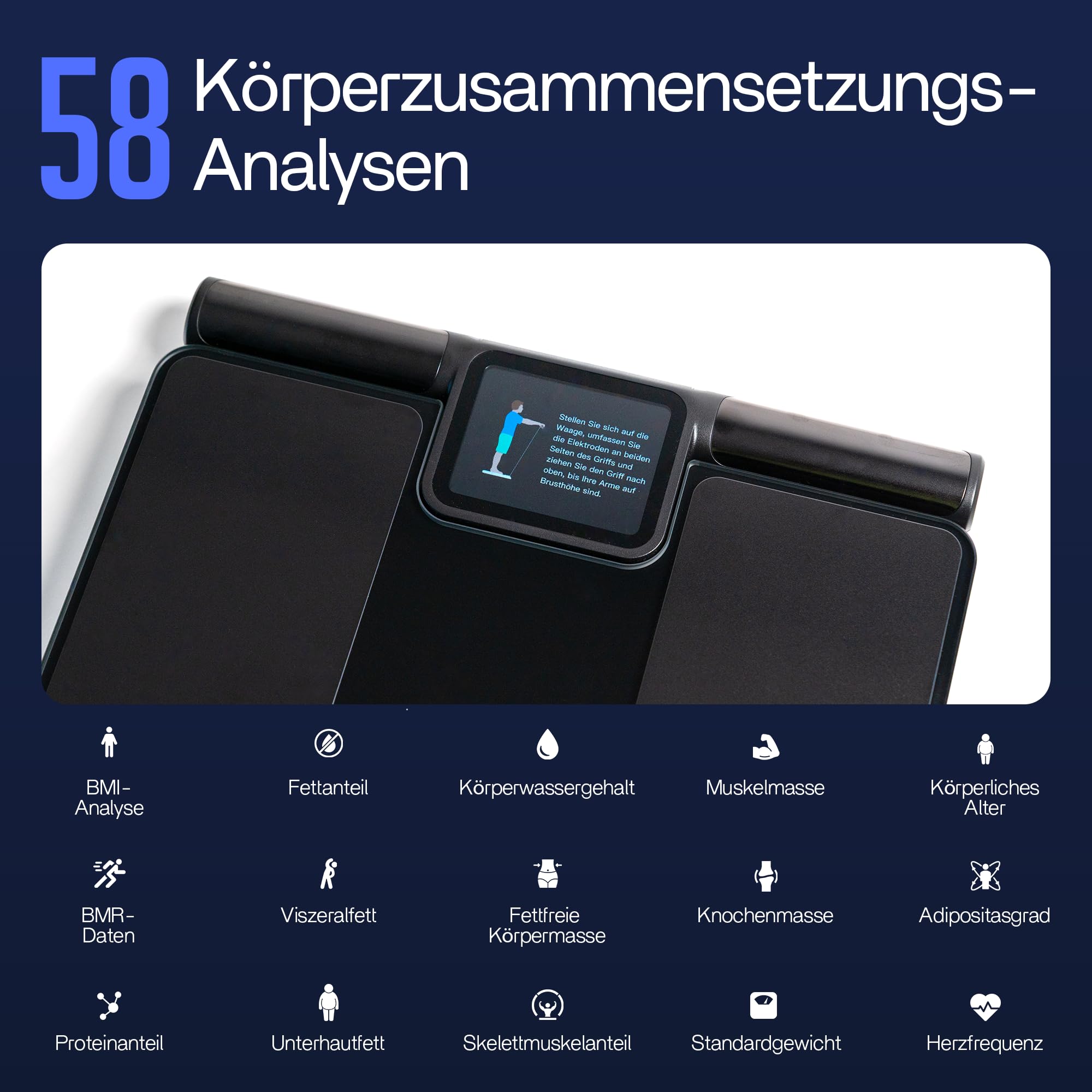 Körperanalyse-Waage – Smart Körperfettwaage mit 58 Gesundheitsmetriken, 8-Elektroden-Technologie, hochpräzise Messung, kostenlose App ohne Abo, Multi-User, Bluetooth & Reportfunktion