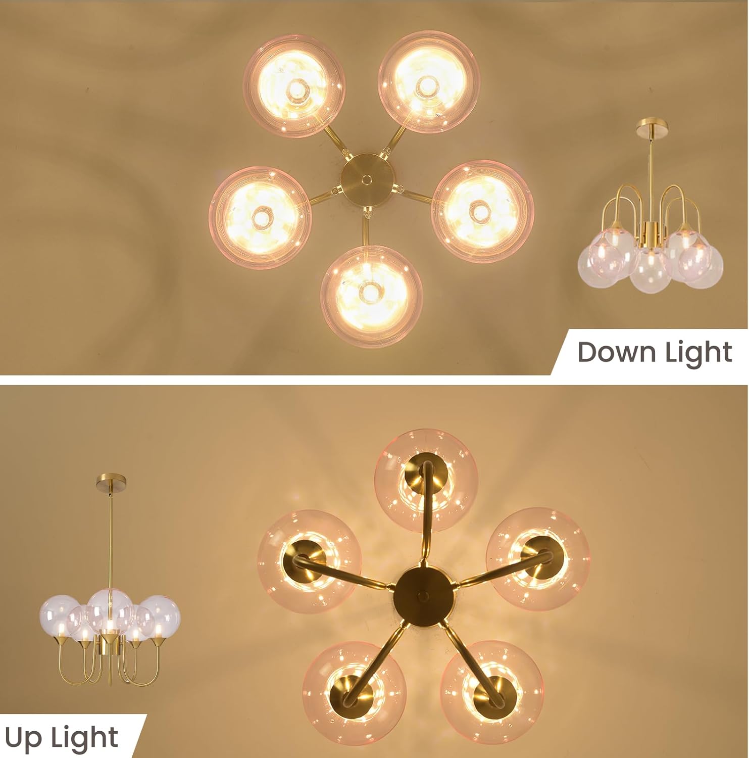 Pink Bubble Chandelier 20 inch 5 Lights, Mid Century Modern Gold Lighting Fixture Glass Sputnik Pendant Hanging Ceiling Light Castle Chandeliers for Girls Dining Living Room Bedroom Kitchen