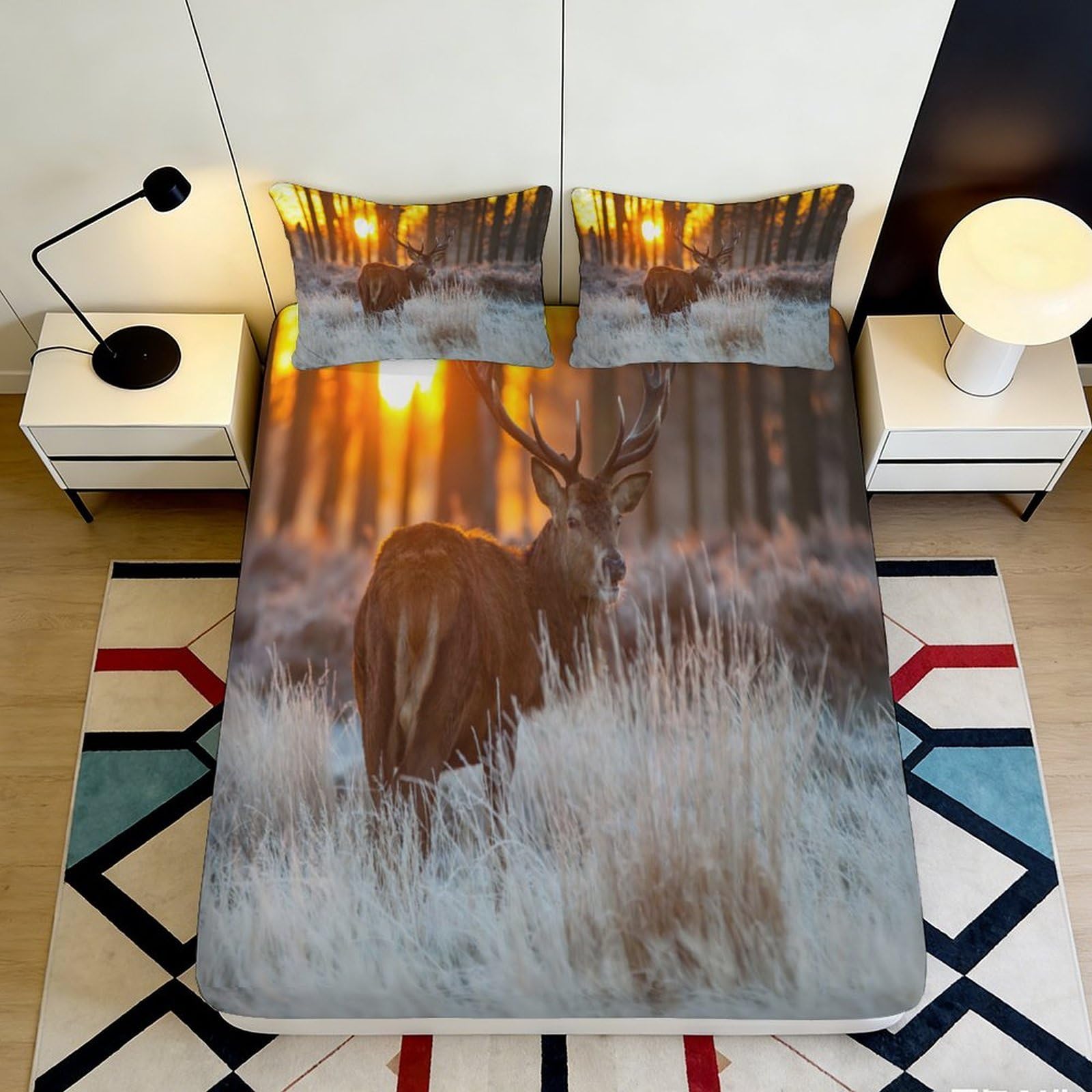 3D Printed Forest Deer Fitted Sheet Microfiber Soft Brown Sunrise Mattress Cover for Bedroom Guest Room Decor 90x200x25cm