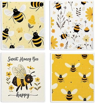 Bee Flower Yellow Swedish Dishcloths for Kitchen, Swedish Dish Cloths for Bee Happy, Papaya Reusable Paper Towels, 4 Pack Dish Towels for Kitchen, Reusable Paper Towels Washable