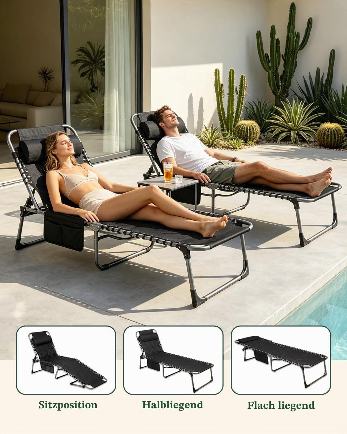 Sonnenliege Klappbar, Gartenliege mit 5-Fach Verstellbarer Rückenlehne, Strandliege Faltbar Bis 150kg, Liegestuhl mit Kopfkissen & Seitentasche, Campingliege, für Garten, Strand, Outdoor (Schwarz)