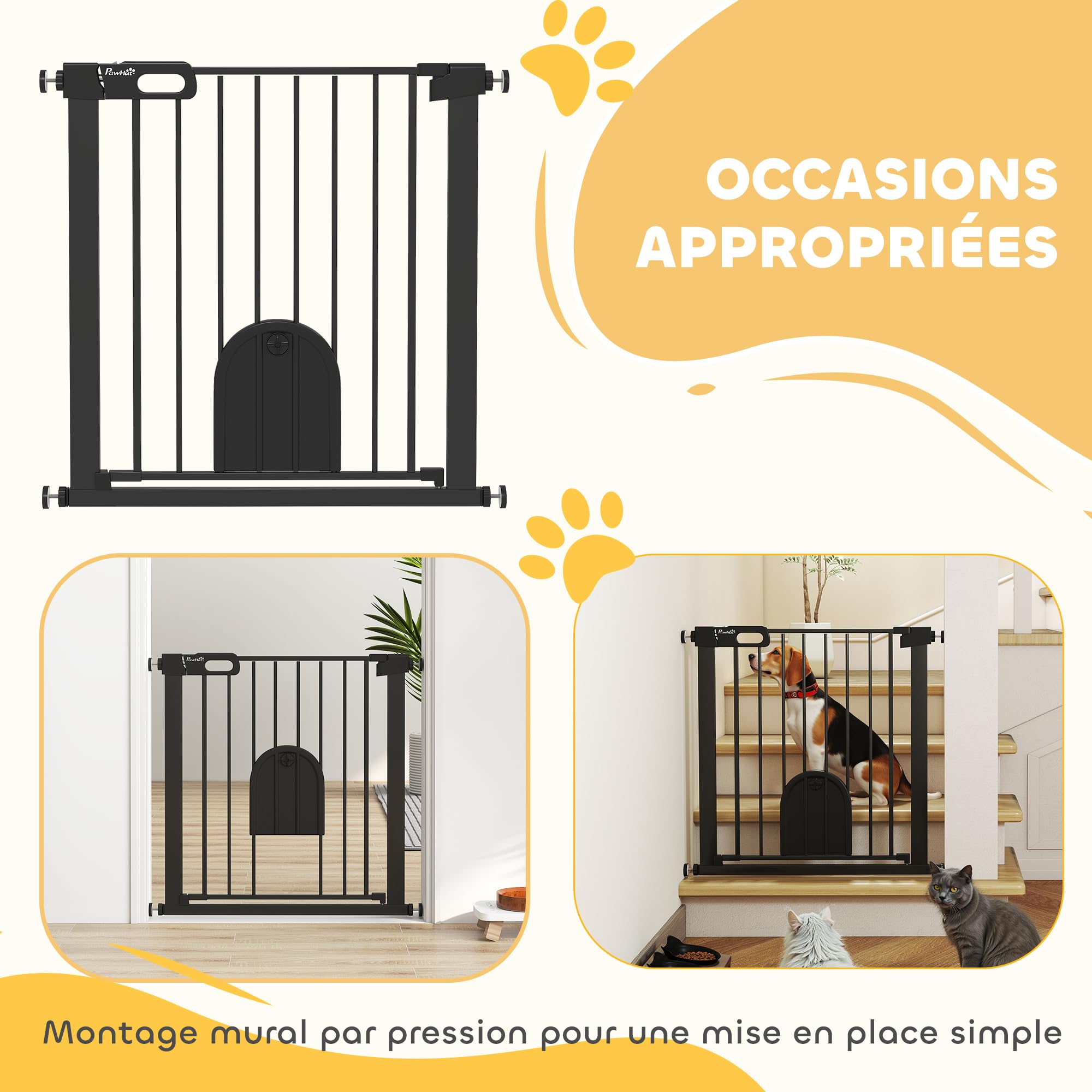 PawHut Barrière de sécurité Animaux de 76H cm barrière Chien Chat avec Porte Fermeture Automatique système de Double Verrouillage Fixation par Pression de 75 à 82 cm Acier et ABS Noir