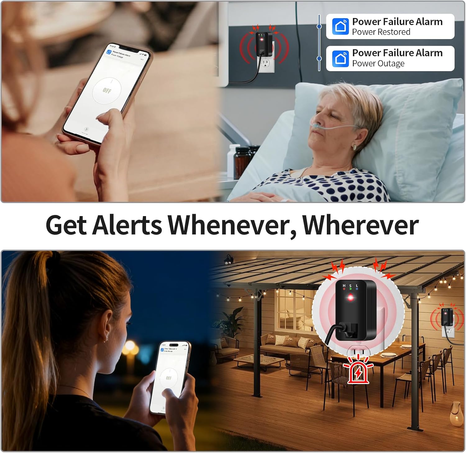 Power Failure Alarm, WiFi Power Outage Alarm with App Notifications & Voltage Detection, Outlet Power Loss Alarm with 110dB Adjustable LED Indicator, Power Monitor for GFCI Trips, Freezer, Sump Pump