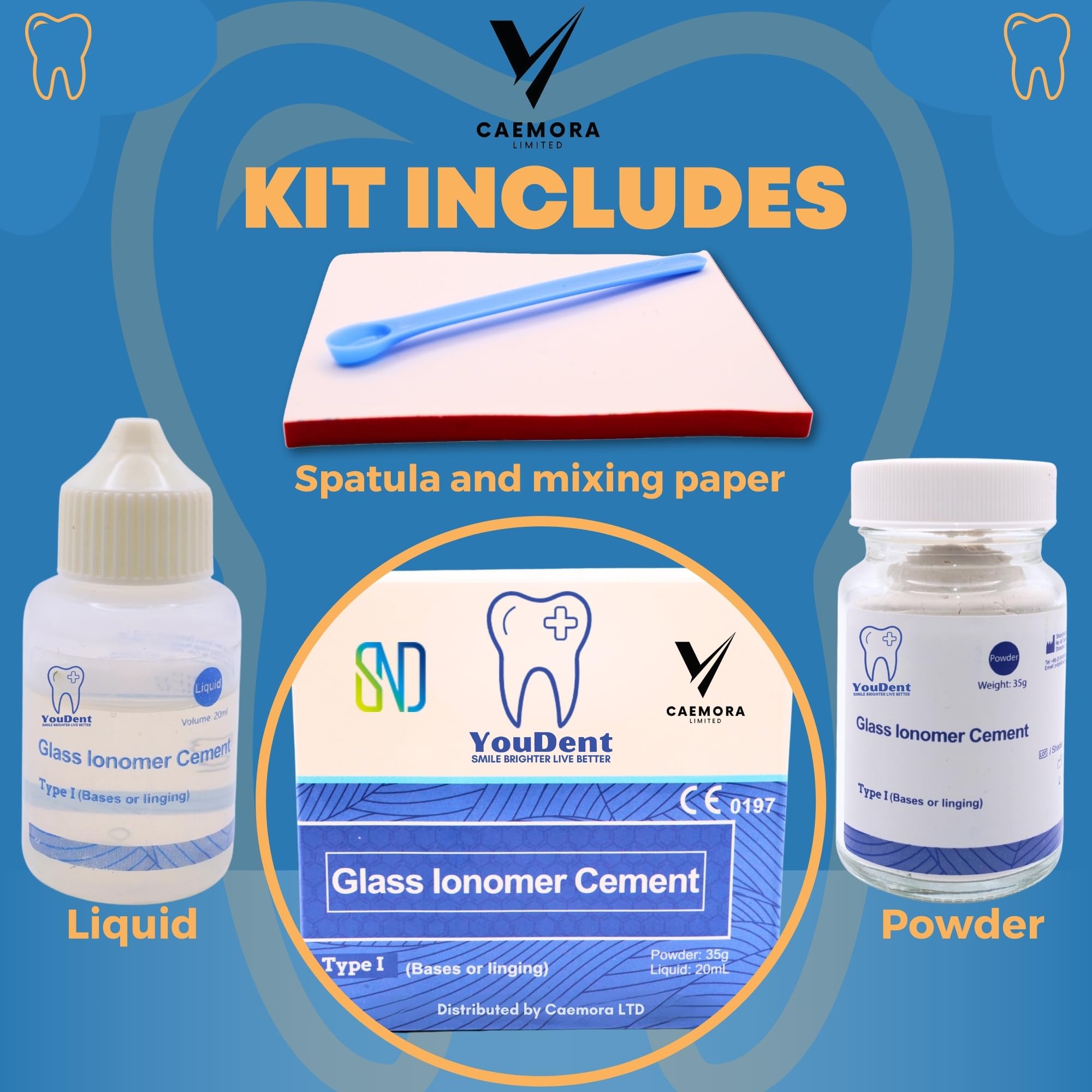 Caemora Kit de reparación dental Cemento dental de ionómero de vidrio Relleno permanente