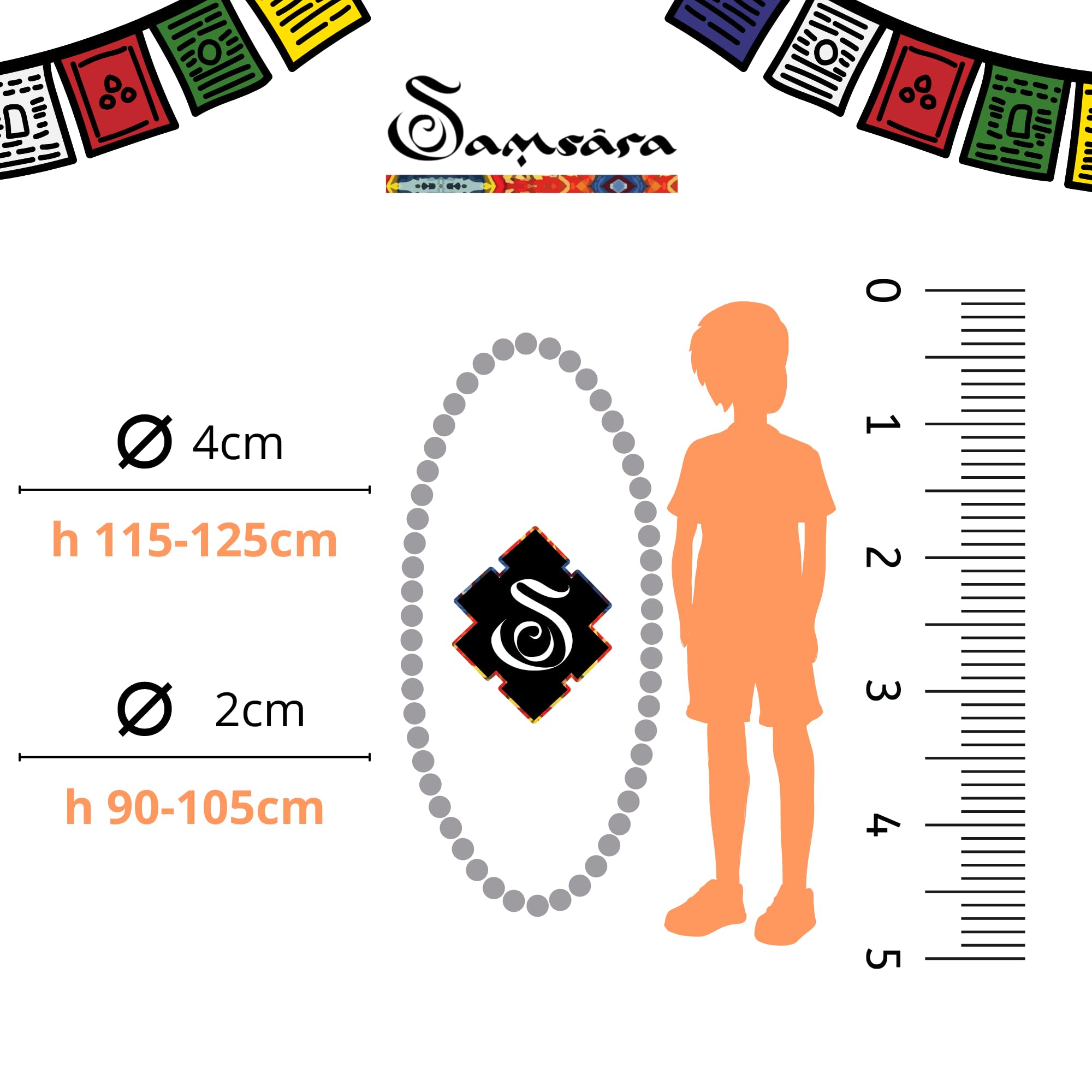 SAMSARA Japamala Oversize - 1 metro - in Legno 108 Grani | Mala Tibetano Tradizionale di grandi dimensioni per Preghiera e Protezione - 2/4cm (DIAMETRO PERLA 4CM)