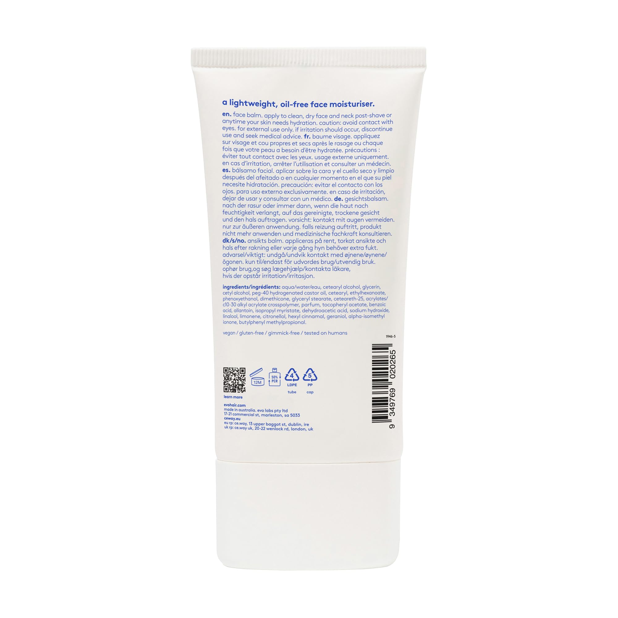 EVO Winners Face Balm, Oil-Free Moisturizer for All Skin Types - Soothes, Hydrates & Reduces After Shave Burn - 5.07 fl oz