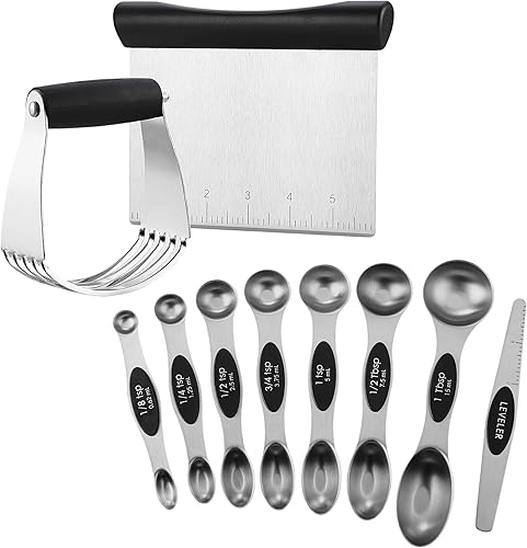 Spring Chef Juego de batidora de masa de acero inoxidable y raspador de banco y cucharas medidoras magnéticas de acero inoxidable, juego de 8-2
